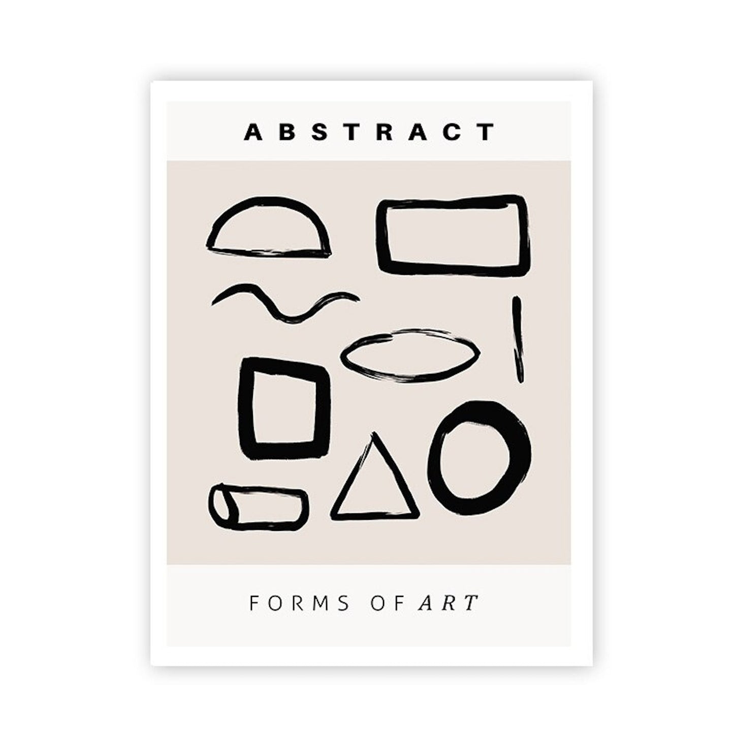 Poster Abstrakt Dezente Linien und Formen als Deko Print ohne Rahmen von justgoodmood, präsentiert eine Sammlung abstrakter geometrischer Formen in Schwarz auf hellem Hintergrund. Ideal für kreative Räume.