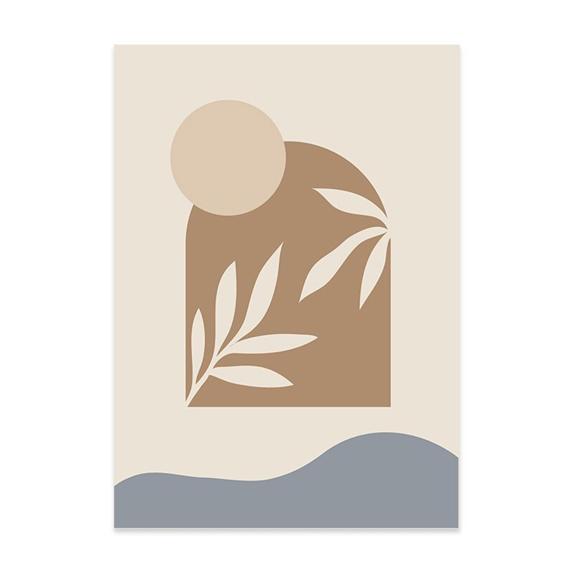 Elegantes Boho Stil Poster von justgoodmood, das eine botanische Komposition mit Sonnen- und Blattmotiven zeigt, perfekt für naturnahe Wohnräume.