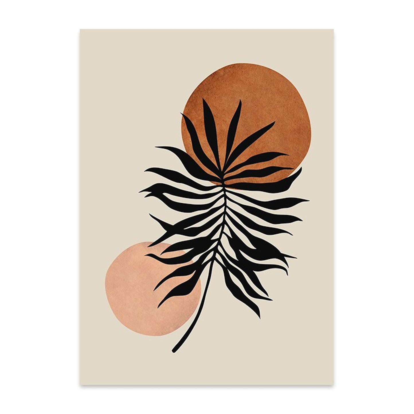 Stilvolles Boho Kunstwerk von justgoodmood, das eine Palmenblatt-Illustration mit runden Formen präsentiert, um Ihr Zuhause zu verschönern.