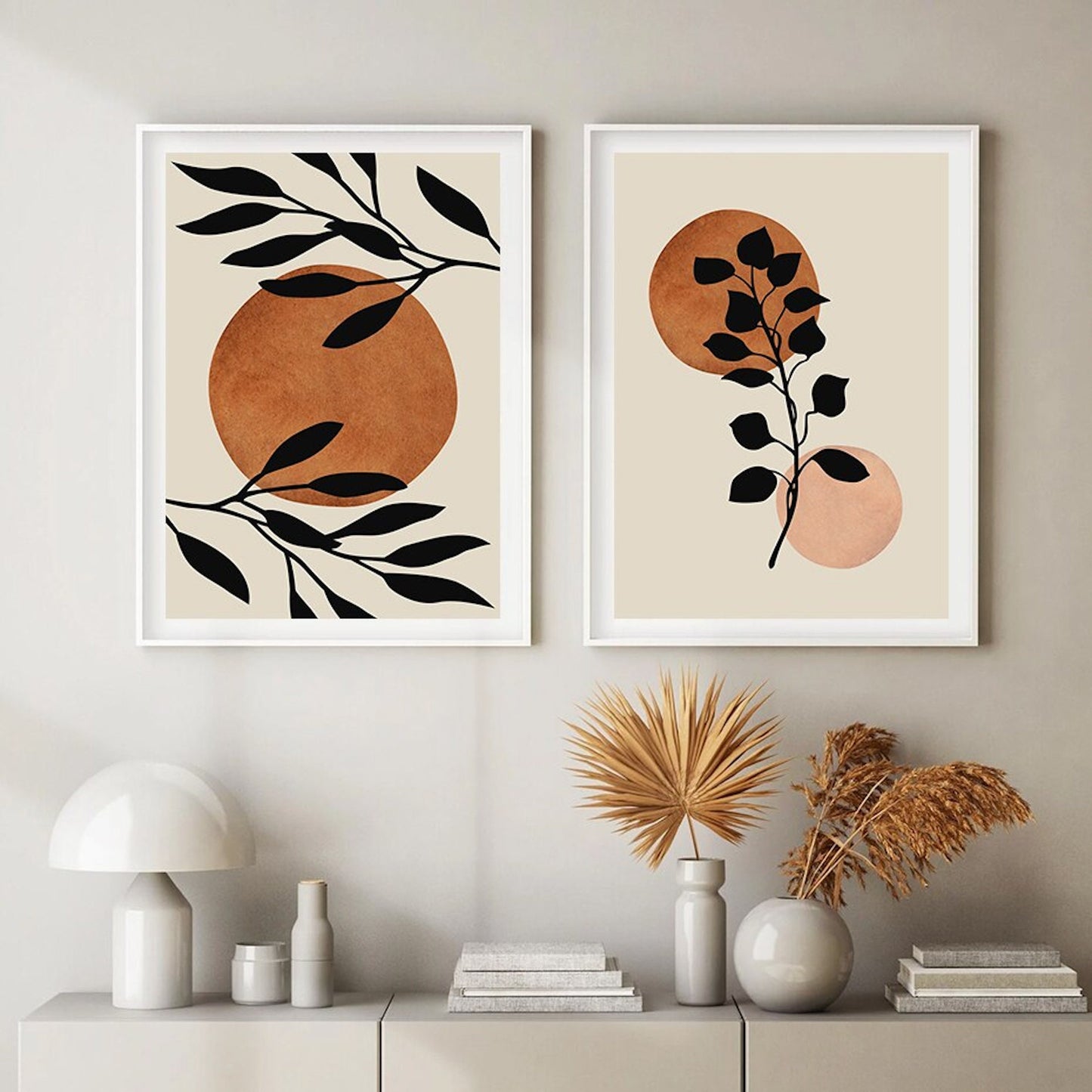 Eleganter Boho Poster von justgoodmood, der stilvolle Blumen Zweige und geometrische Formen kombiniert, ideal für jeden Raum.