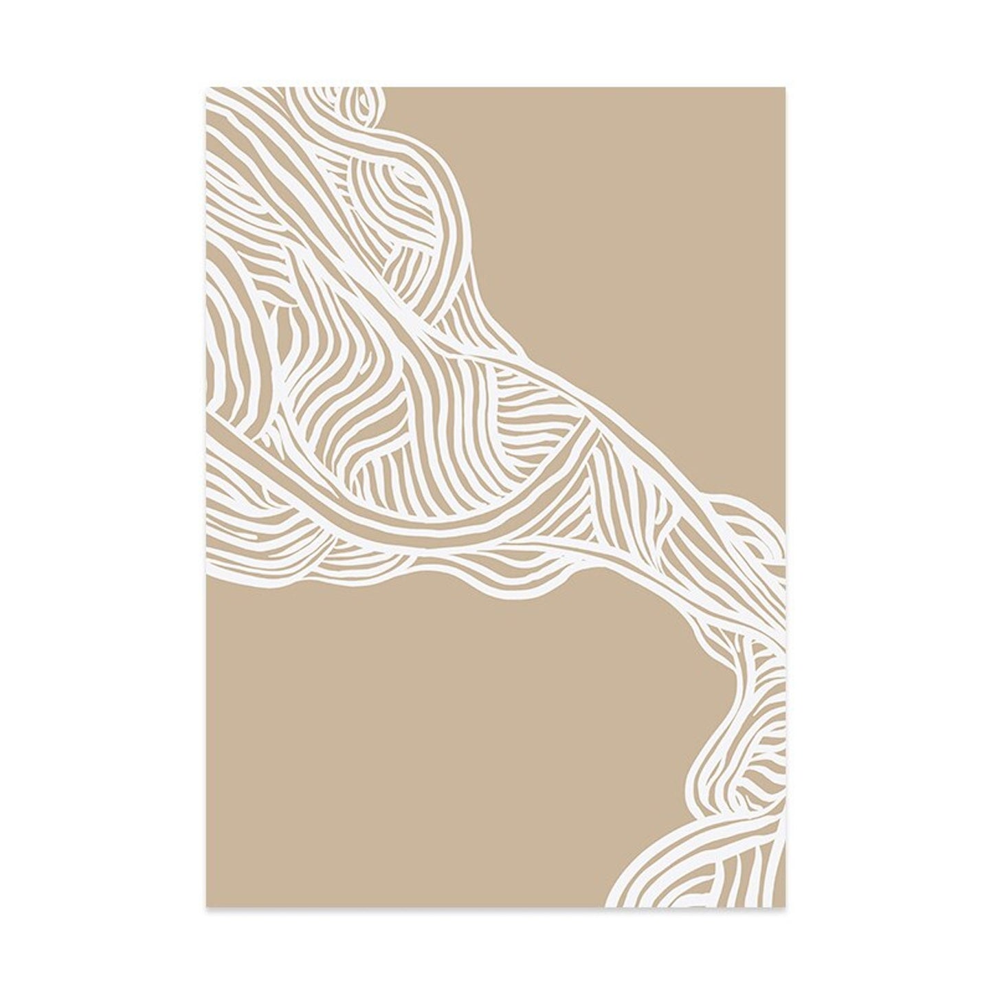 Kreatives Poster von JustGoodMood mit geschwungenen, weißen Linien auf beigem Hintergrund, ideal für Boho-Stil Deko. Boho Abstrakte Linien und Frauen Kurven Körper Formen als Print ohne Rahmen.