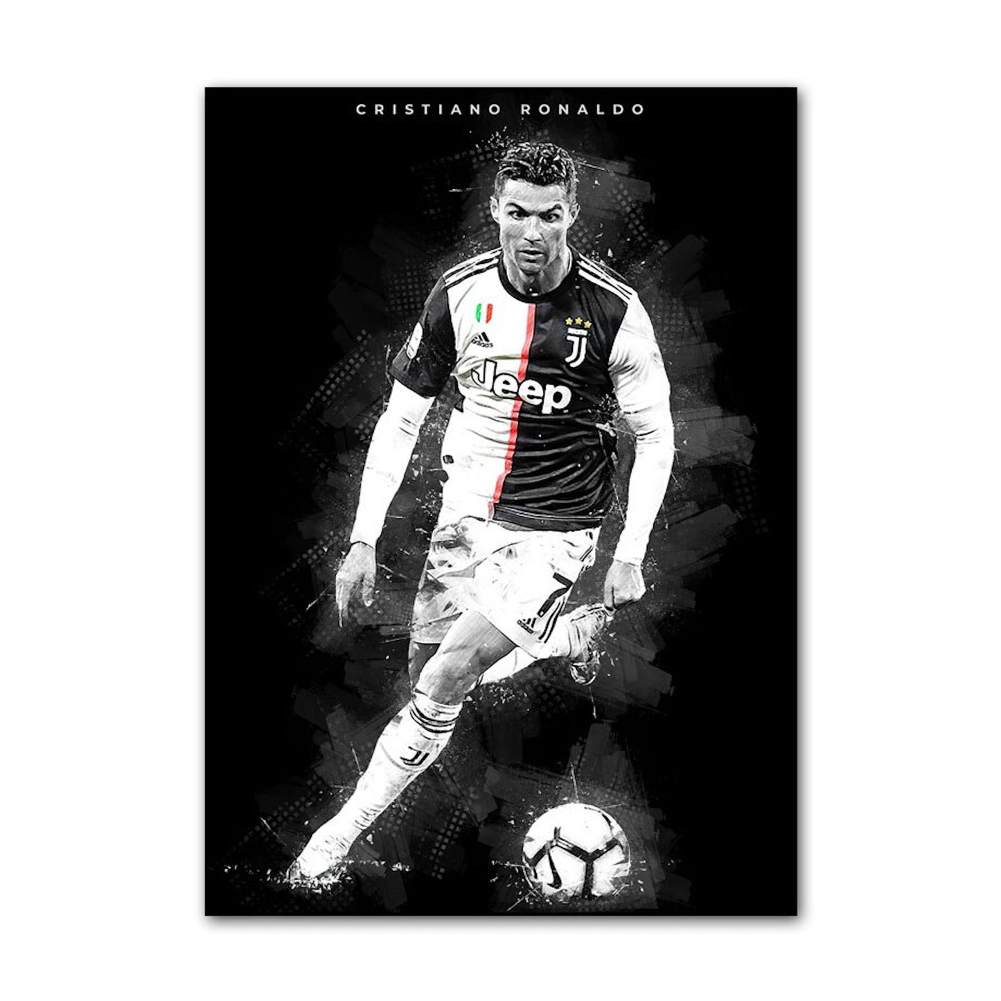 Dynamisches Schwarz-Weiß-Poster von Cristiano Ronaldo im Spielmoment, ideal für jeden Fußballfan und erhältlich bei justgoodmood.