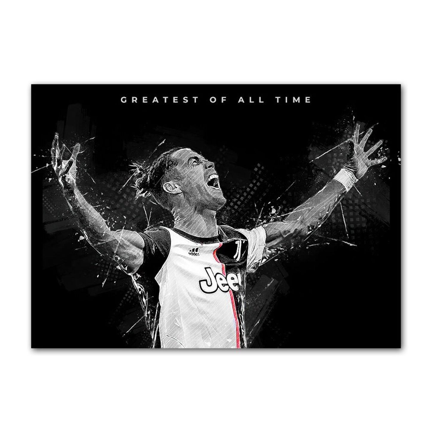 Inspirierendes Schwarz-Weiß-Poster von Cristiano Ronaldo, der begeistert die Arme hebt mit dem Titel 'Greatest of All Time', erhältlich bei justgoodmood.