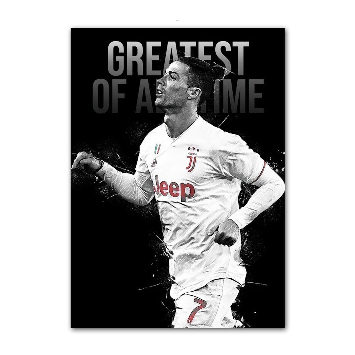 Schwarz-Weiß-Poster mit dem Titel 'Greatest of All Time' und Cristiano Ronaldo in Jubelpose, perfekt für Fußballliebhaber, erhältlich bei justgoodmood.