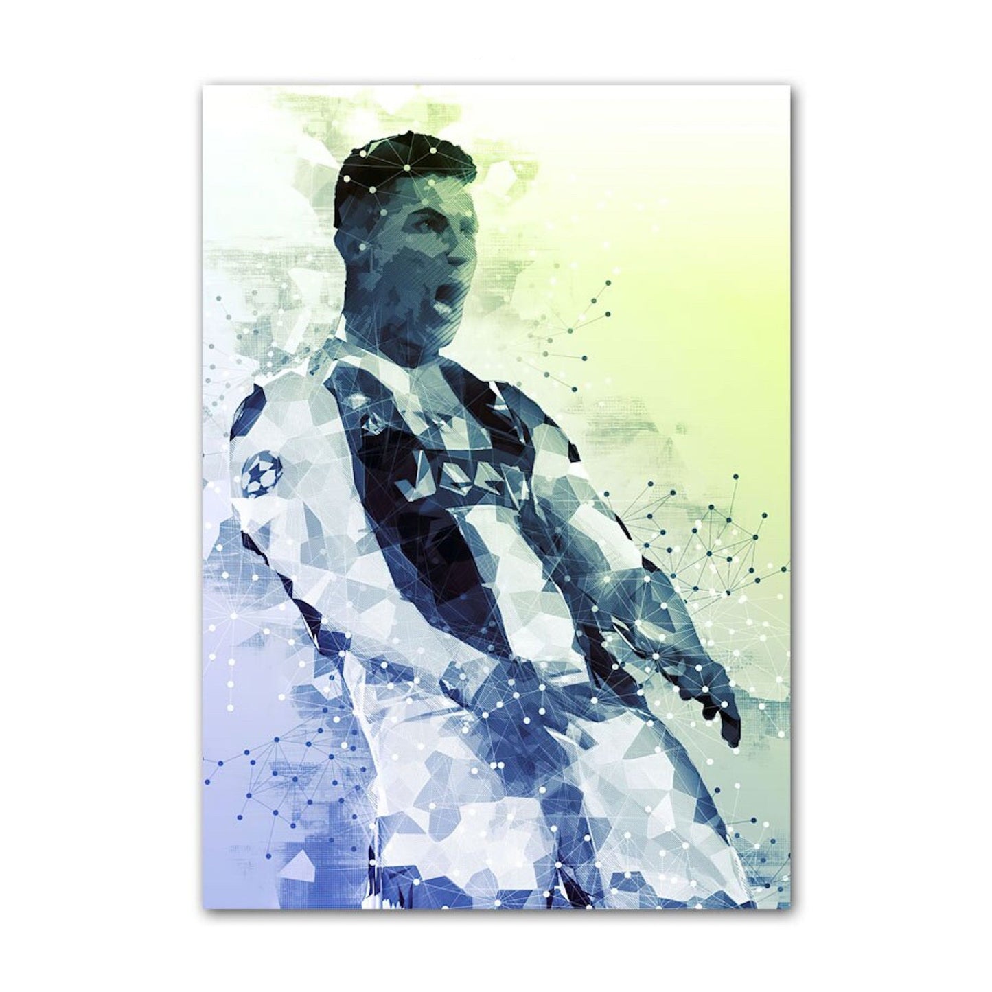 Modernes digitales Kunstwerk von Cristiano Ronaldo in einer geometrischen Darstellung. Ein einzigartiger Deko Print von justgoodmood, ideal für Ihr Zuhause.