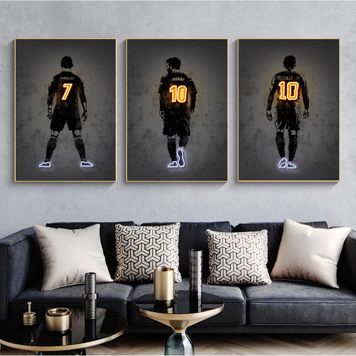 Stylisches Poster von justgoodmood mit Lionel Messi, Christiano Ronaldo und Neymar Jr. im Neon-Design. Ideal für Fußballfans.