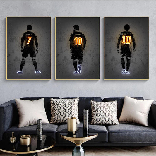 Stylisches Poster von justgoodmood mit Lionel Messi, Christiano Ronaldo und Neymar Jr. im Neon-Design. Ideal für Fußballfans.