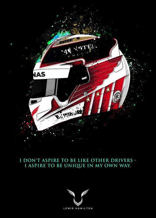 Poster von Lewis Hamiltons Helm mit inspirierendem Zitat, als Teil der Formel 1 Fahrer Helme Serie von justgoodmood, fängt den einzigartigen Geist des Rennsports ein.