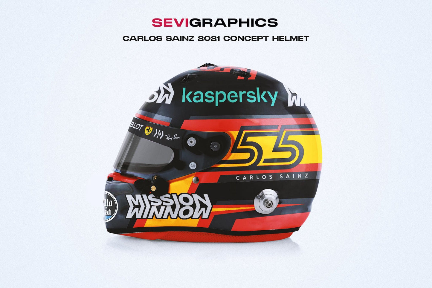 Poster Formel 1 Fahrer Helme als Deko Print ohne Rahmen von justgoodmood, stellt den stylischen Konzepthelm von Carlos Sainz aus 2021 vor, ideal für Motorsportliebhaber.