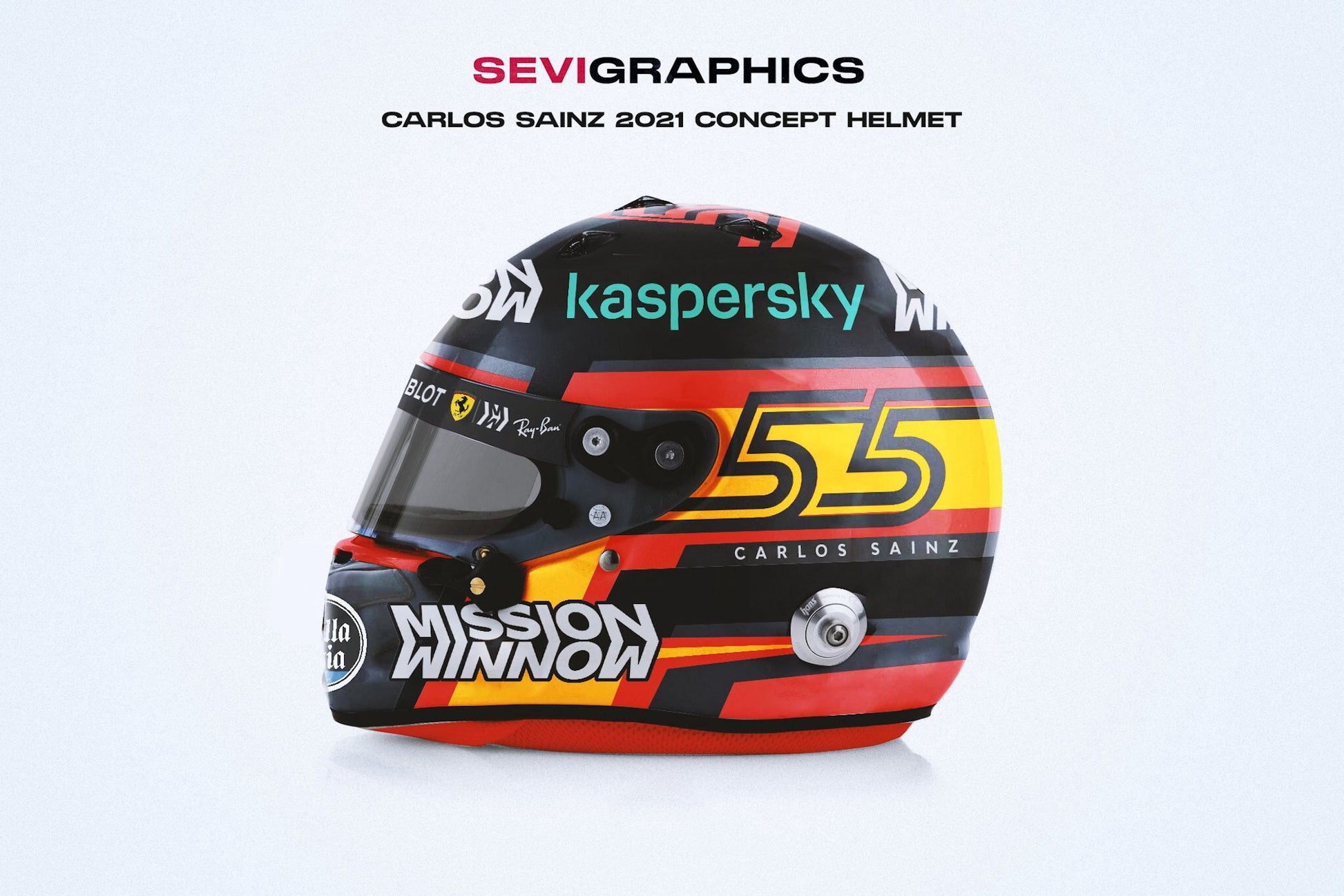 Poster Formel 1 Fahrer Helme als Deko Print ohne Rahmen von justgoodmood, stellt den stylischen Konzepthelm von Carlos Sainz aus 2021 vor, ideal für Motorsportliebhaber.