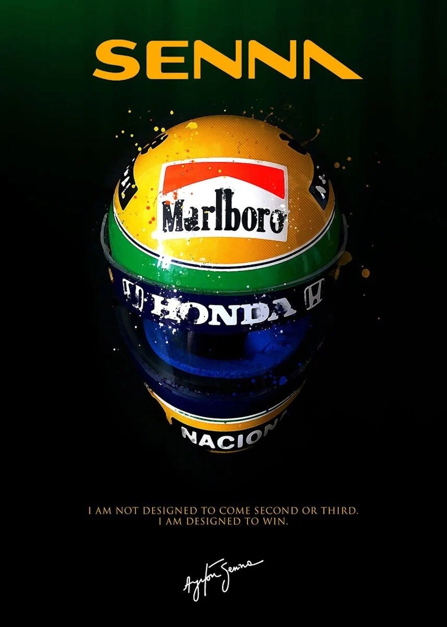 Poster Formel 1 Fahrer Helme als Deko Print ohne Rahmen von justgoodmood, zeigt einen einzigartigen Helm mit dem Namen Senna, farbenfroh und inspirierend gestaltet.