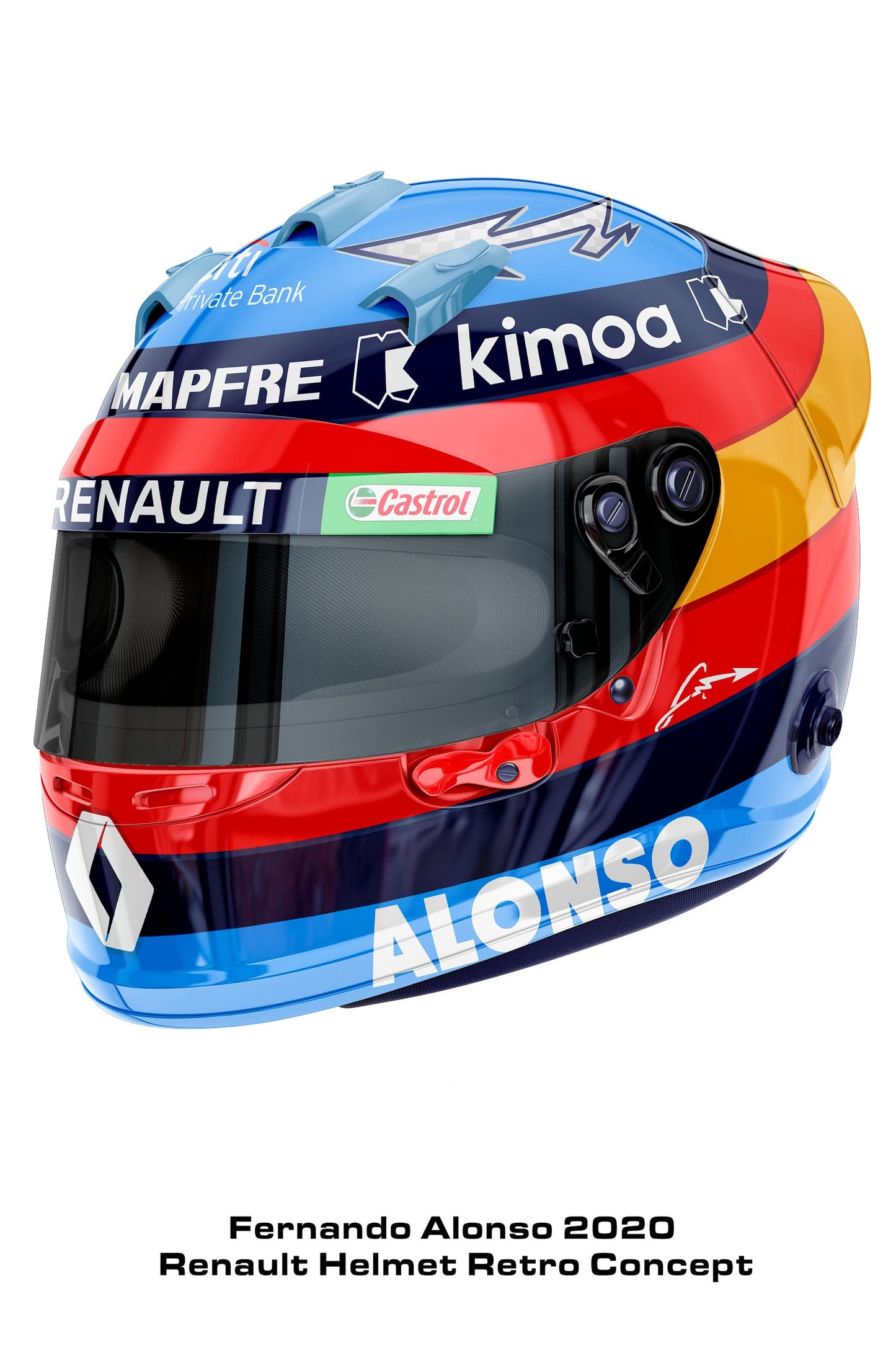 Poster Formel 1 Fahrer Helme als Deko Print ohne Rahmen von justgoodmood, präsentiert den farbenfrohen Helm von Fernando Alonso im Retro-Stil von 2020.