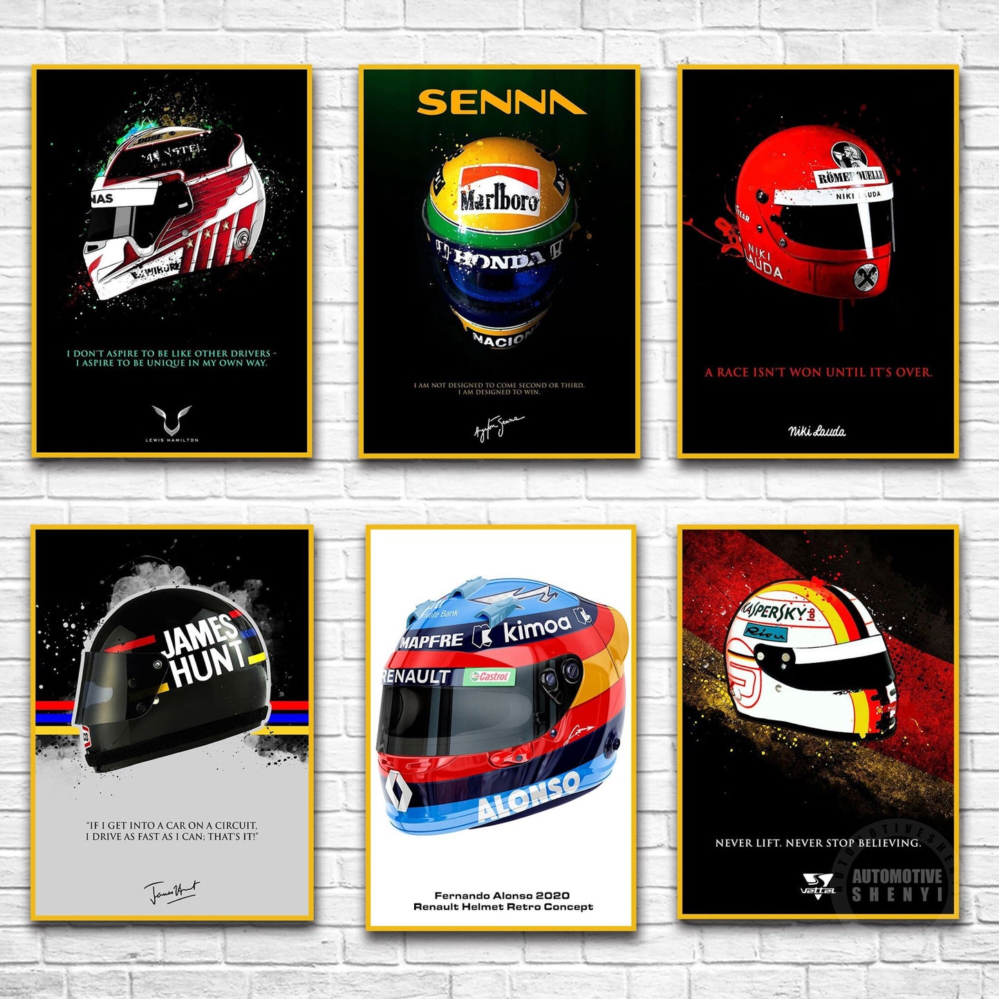 Stilvolles Poster von Formel 1 Fahrer Helmen als Deko Print ohne Rahmen von justgoodmood, das leidenschaftliche Rennsport-Attraktivität mit inspirierenden Zitaten kombiniert.