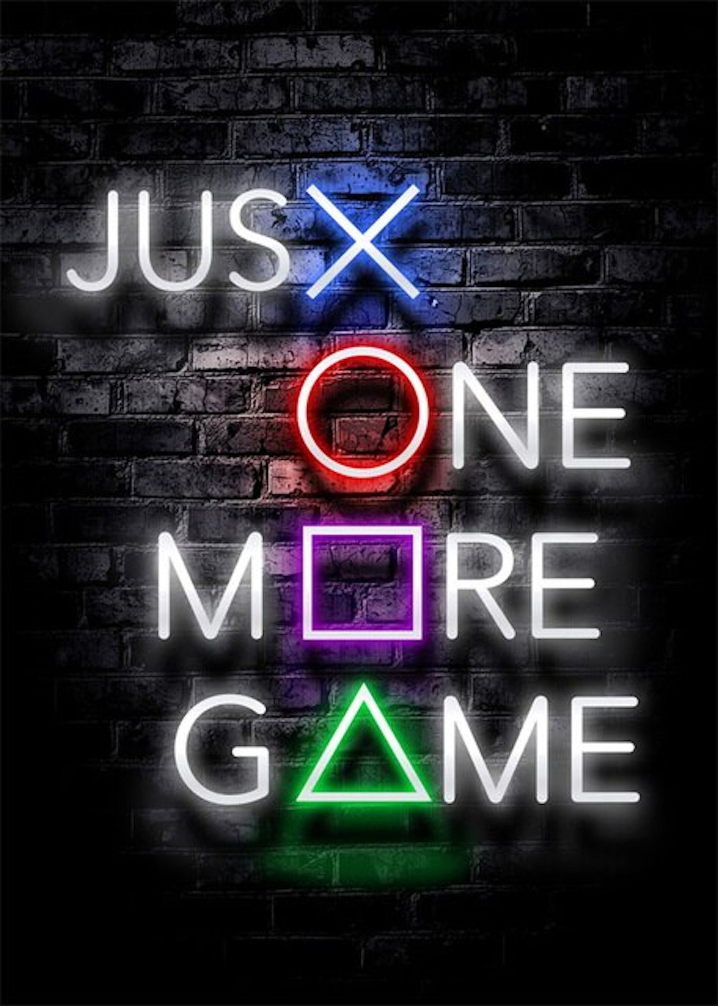 Glänzendes Neon-Poster mit den Worten 'JUST ONE MORE GAME' von justgoodmood, ideal für alle, die das Gamingerlebnis lieben.