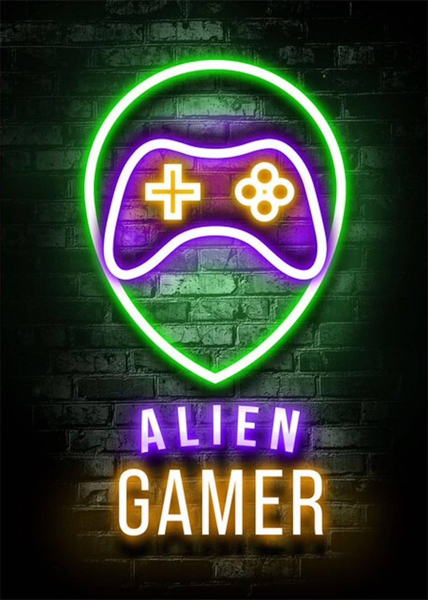 Neon-Leuchtkasten mit dem Schriftzug 'ALIEN GAMER' von justgoodmood, ein cooles Poster für leidenschaftliche Gamer.