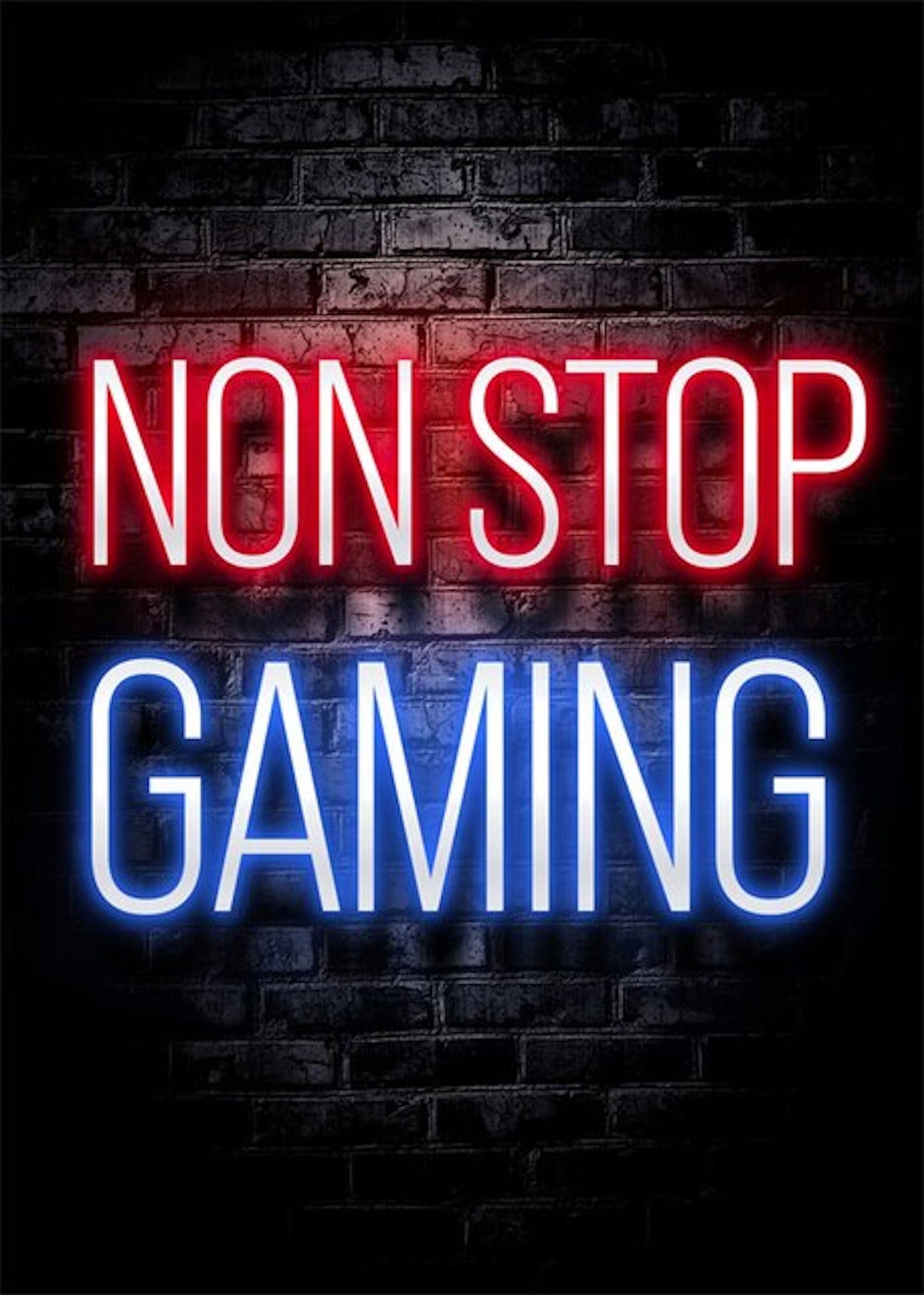 Neonfarbenes Poster mit dem Spruch 'NON STOP GAMING' von justgoodmood, ideal für die Wandgestaltung eines Gaming-Zimmers.