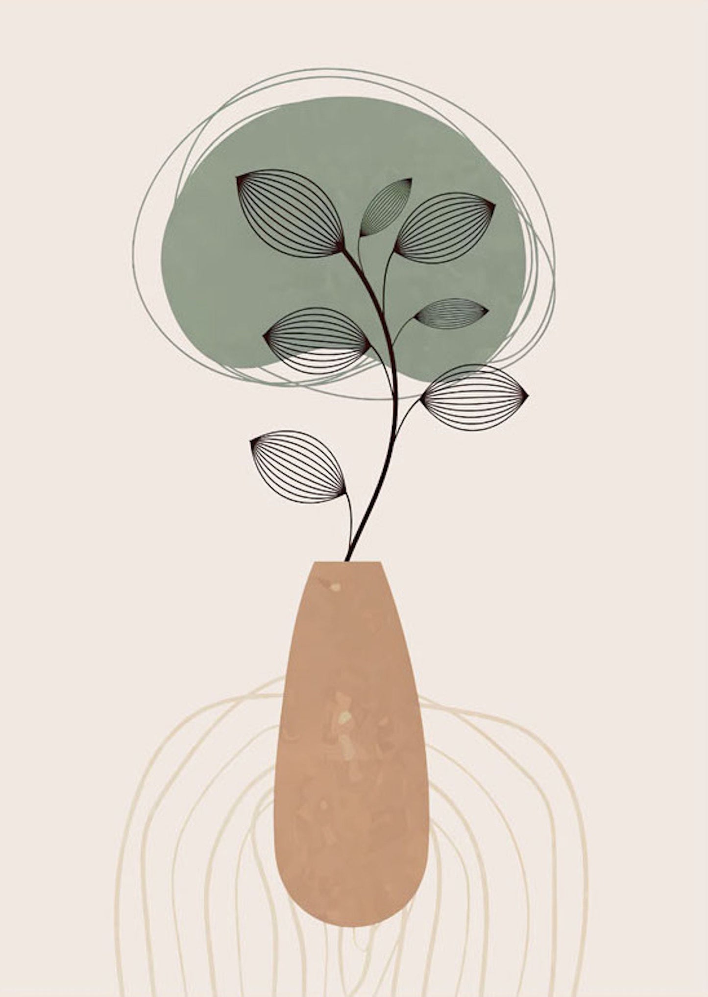 Boho inspiriertes Poster von justgoodmood, das eine elegante Vase mit Blättern zeigt, perfekt für eine kreative Wanddekoration in jedem Raum.