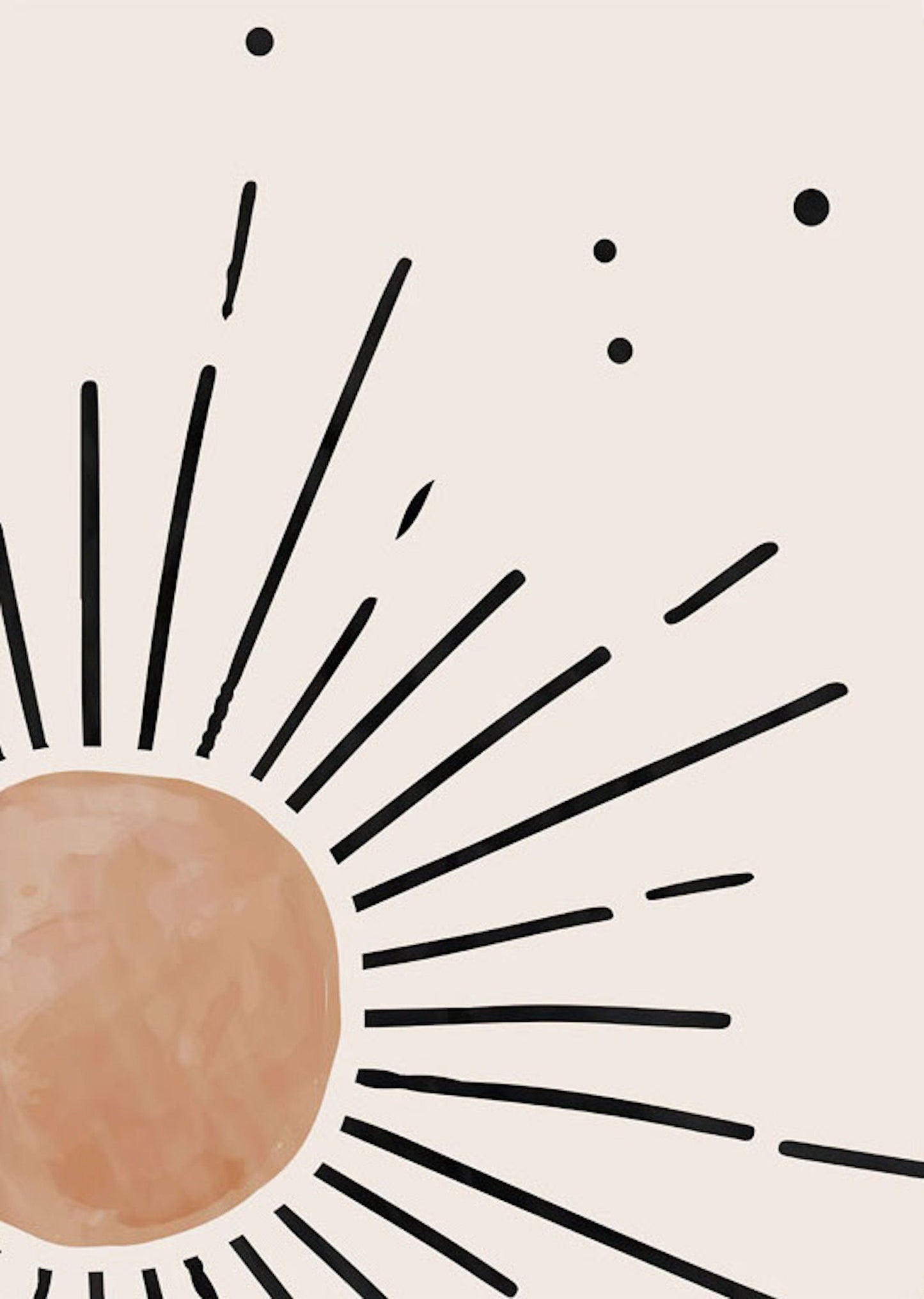 Wunderschönes Kunstwerk mit der Darstellung einer geometrischen Sonne mit Strahlen, perfekt für eine Boho-Atmosphäre in Ihrem Wohnzimmer oder Schlafzimmer. Von justgoodmood, Poster Blätter Boho Geometrische Formen Grün.