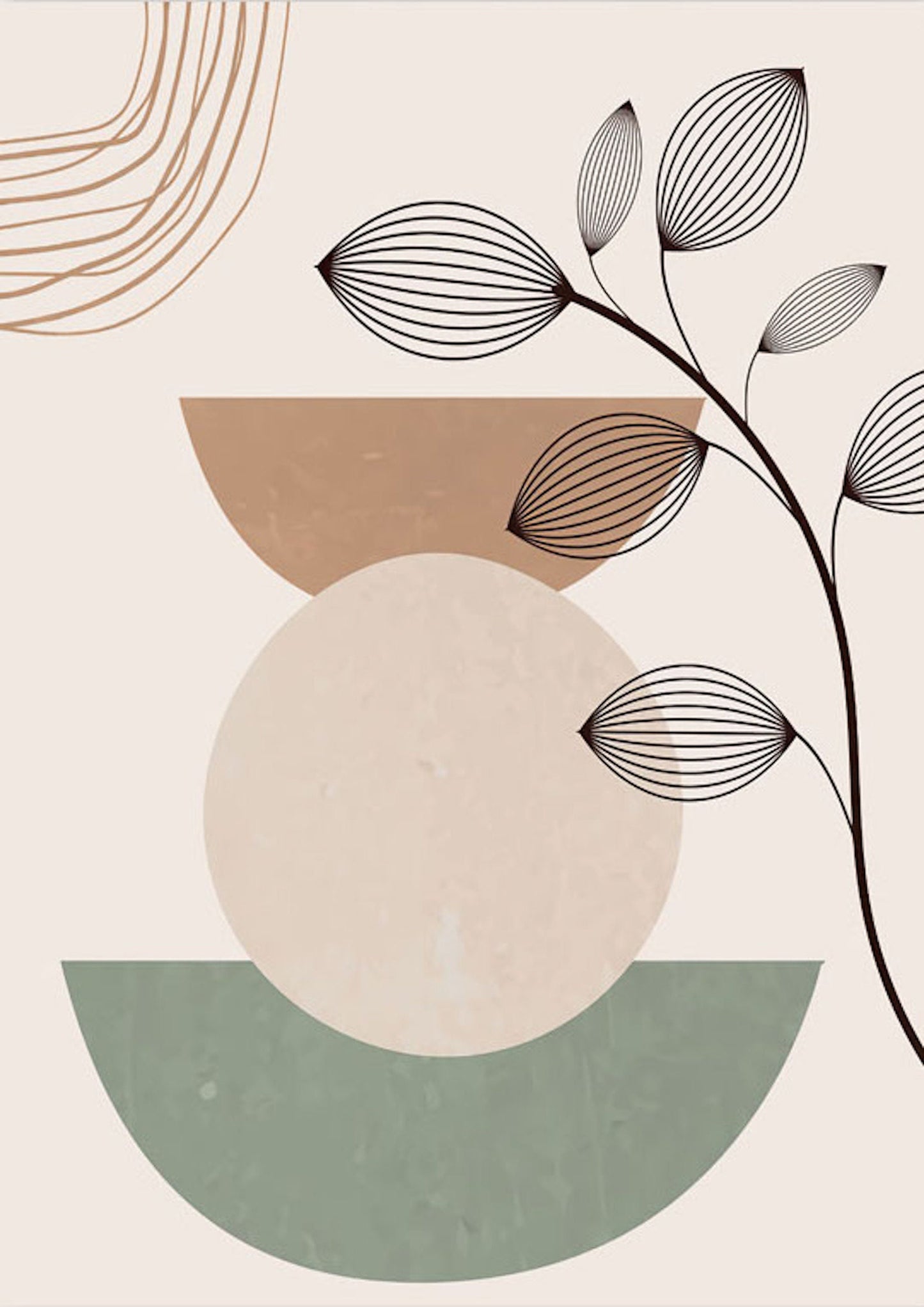 Stylisches Wandbild mit geschwungenen Linien und natürlichen Elementen, ideal für einen Boho-Chic Look in Ihrer Wohnung. Entdecken Sie das Poster Set von justgoodmood: Boho Geometrische Formen Grün.
