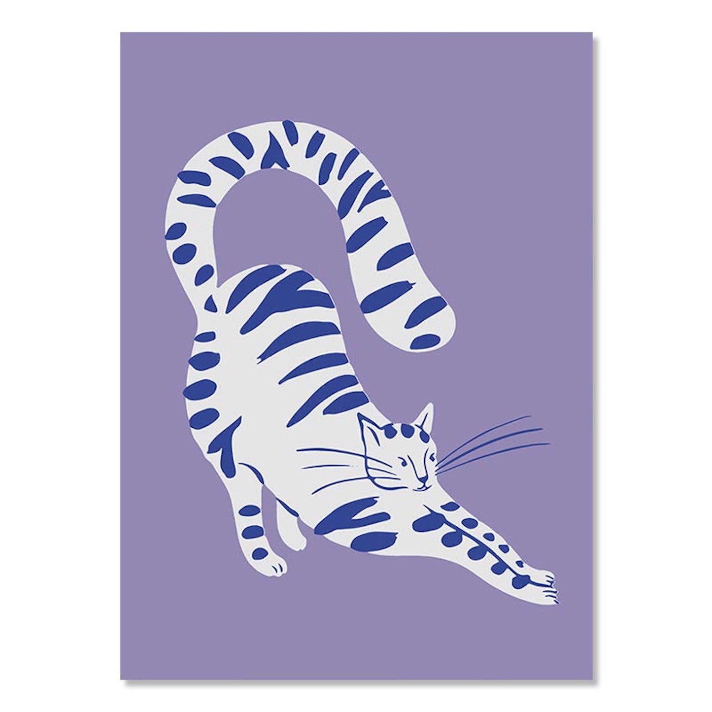 Wunderbare Darstellung eines stilvollen Kunstposters einer Katze auf lila Hintergrund, Teil des kreativen Wandbild-Sets von justgoodmood.