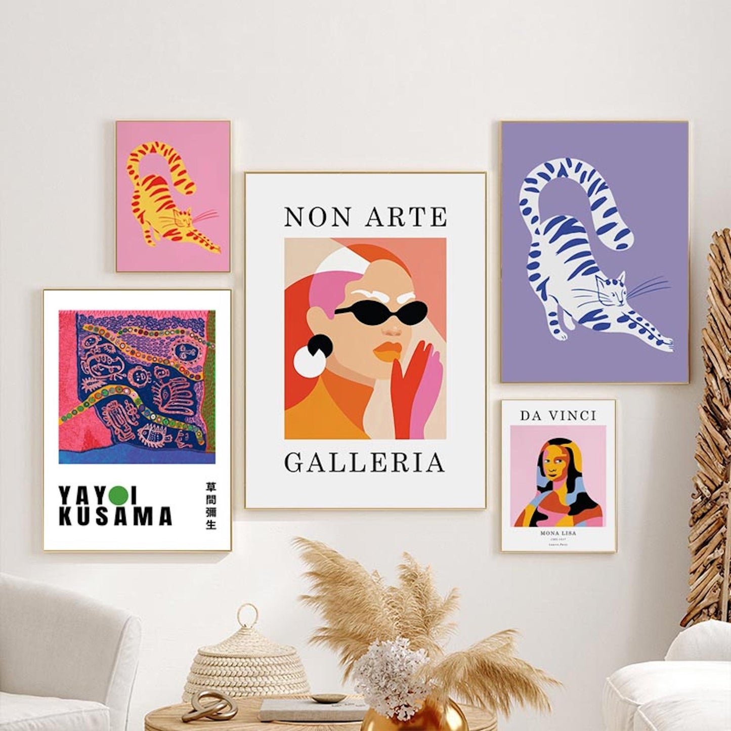 Vielseitiges Wandbild-Set mit Kunstwerken im modernen Stil, einschließlich des Mona Lisa Da Vinci Posters, ideal für ein fröhliches Zuhause. Gestaltet von justgoodmood.