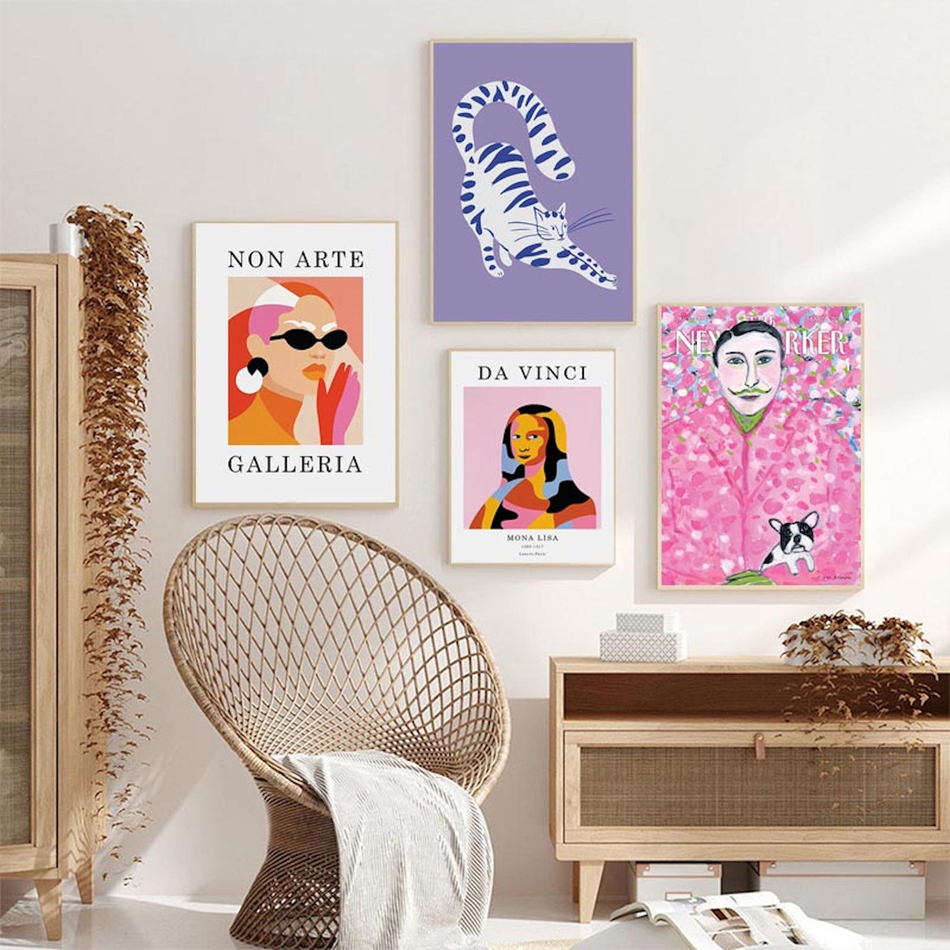 Kreatives Wandbild-Set mit modernen Kunstpostern, darunter Mona Lisa Da Vinci mit Katze, ideal für Wohnzimmer und Schlafzimmer. Deko Print ohne Rahmen von justgoodmood.