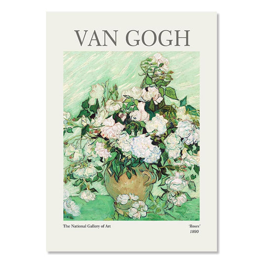 Eindrucksvolles Van Gogh Poster "Roses", das eine Vase mit weißen Rosen zeigt, perfekt für die Deko in jedem Raum, angeboten von justgoodmood.