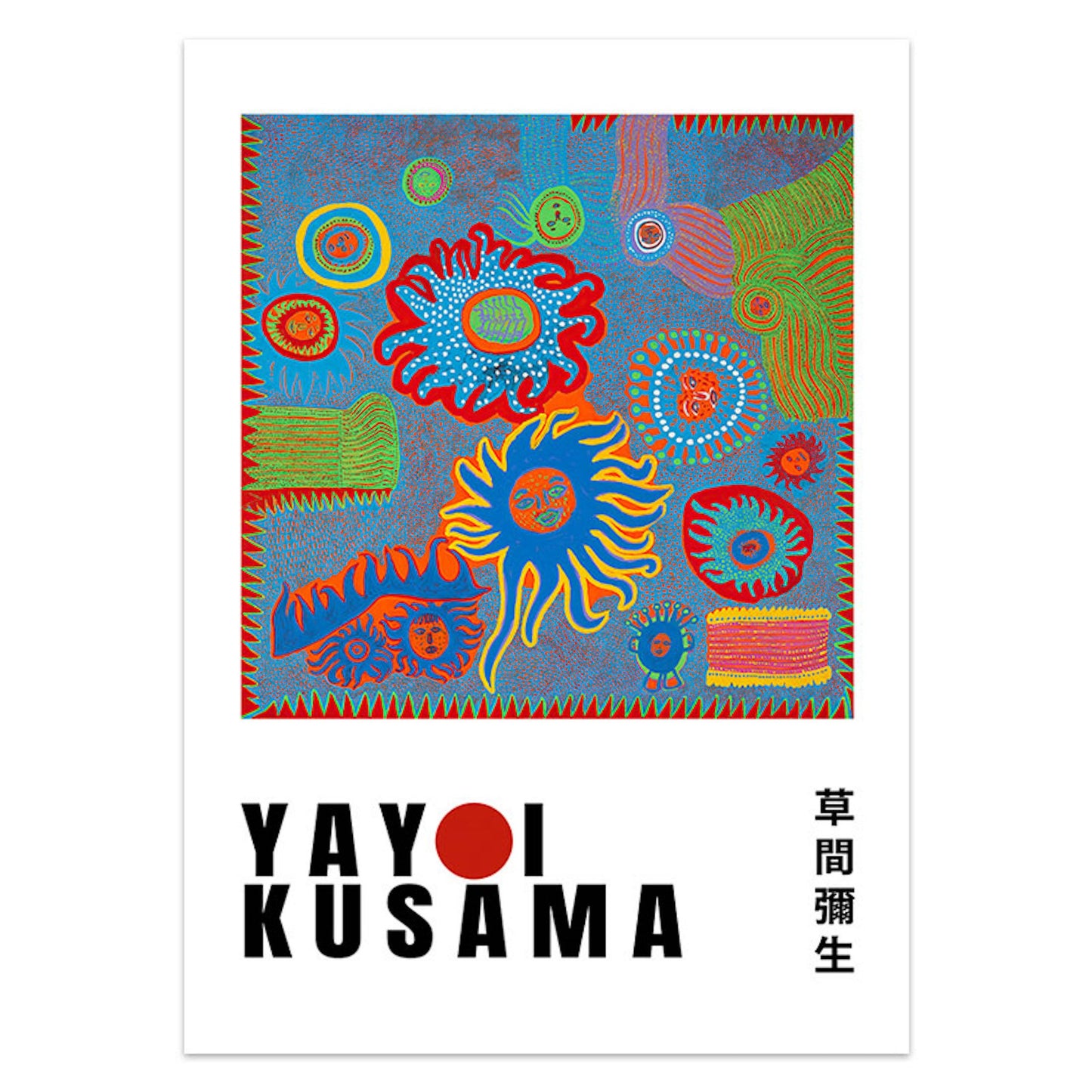 Kunstwerk im typischen Kusama-Stil mit lebhaften Farben und einzigartigen Designs, perfekt für die Wanddekoration im Schlafzimmer oder Wohnzimmer | Justgoodmood Poster Kusama Kunst Ausstellung Augen Pilz.