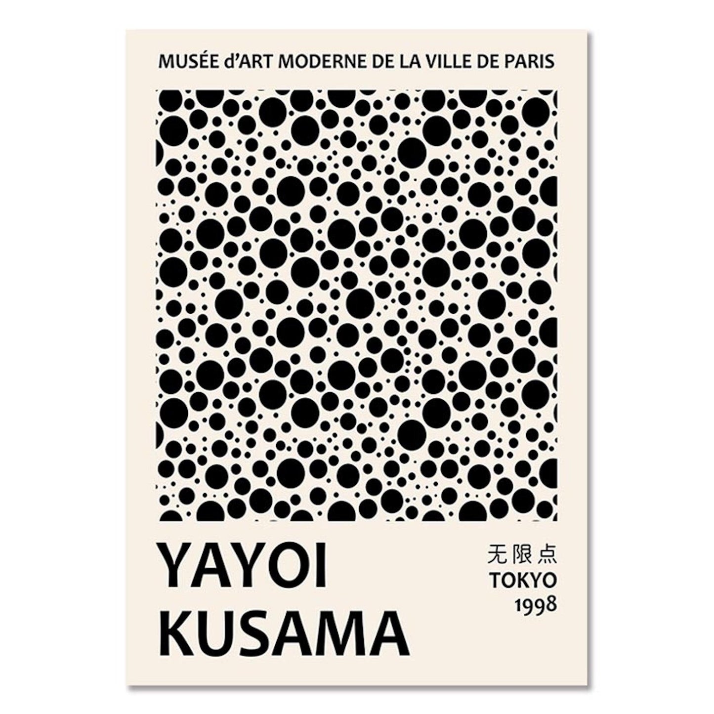 Modern Yayoi Kusama Abstrakt Nordic Poster von justgoodmood, stilvolles schwarz-weißes Punktmuster, außergewöhnlich und modern für jedes Zuhause.