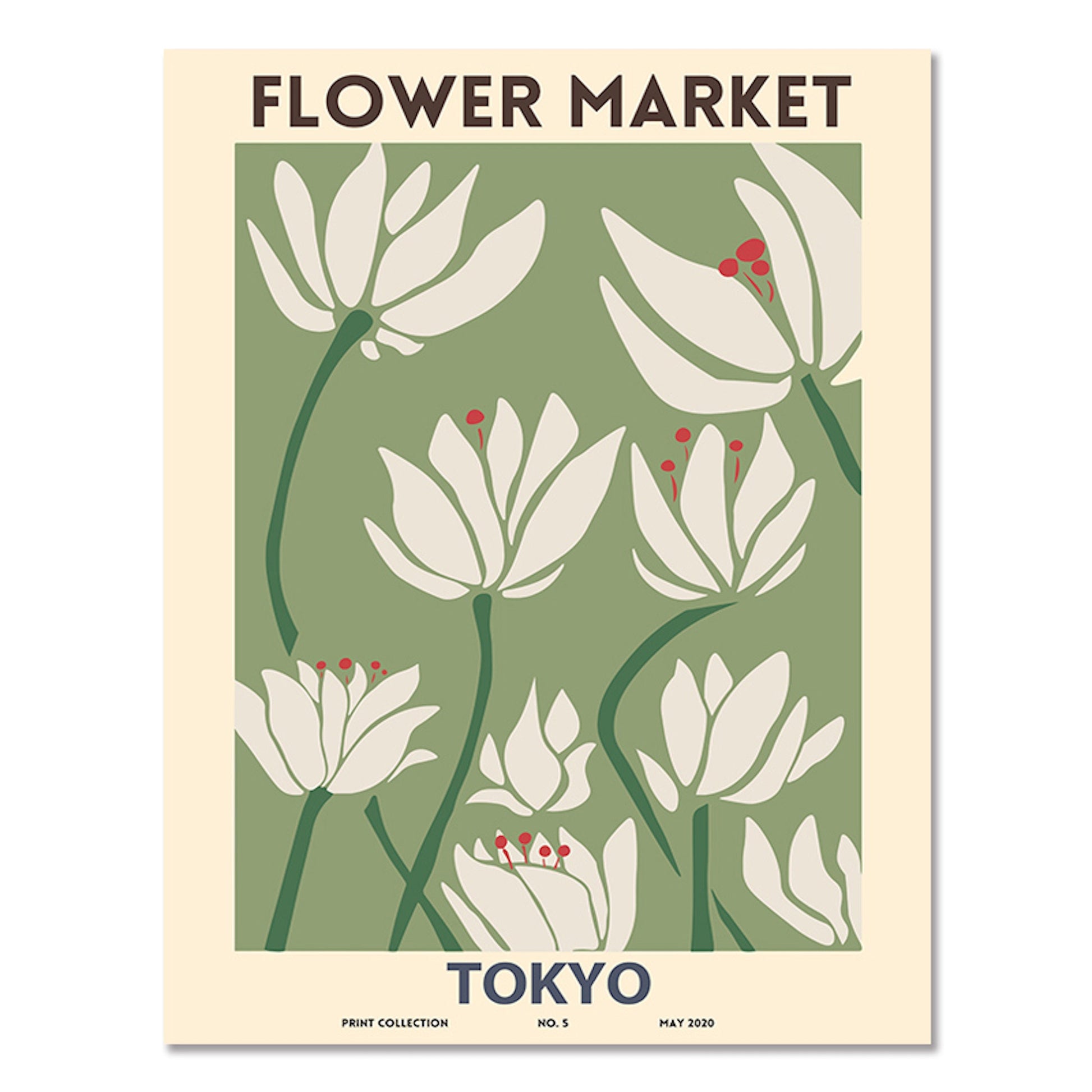 Blumenmarkt Tokyo Poster von justgoodmood, stilvolle Blumenillustration auf sanftem Hintergrund, für eine frische Wohnatmosphäre.