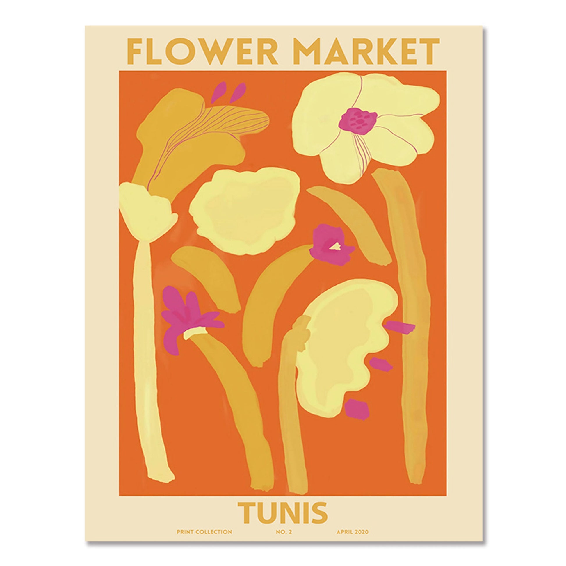 Wunderschönes Matisse Blumen Poster 'Blumenmarkt' von justgoodmood, mit einem lebendigen Design in warmen Orangetönen, das ideal für die Dekoration von Wohnzimmer und Schlafzimmer ist.