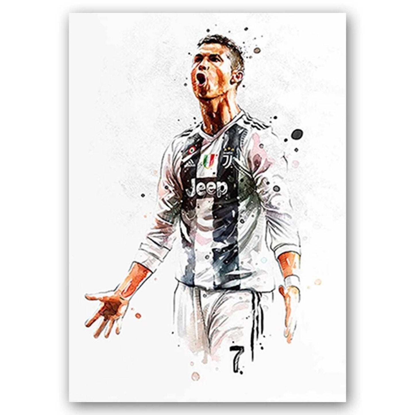 Kunstvolles Poster von Cristiano Ronaldo, der seinen jubelnden Torfeier in Juventus zeigt. Ideal für Sportliebhaber. Poster Fußballspieler Tor Jubel Lionel Messi und Christiano Ronaldo als Deko Print ohne Rahmen von justgoodmood.