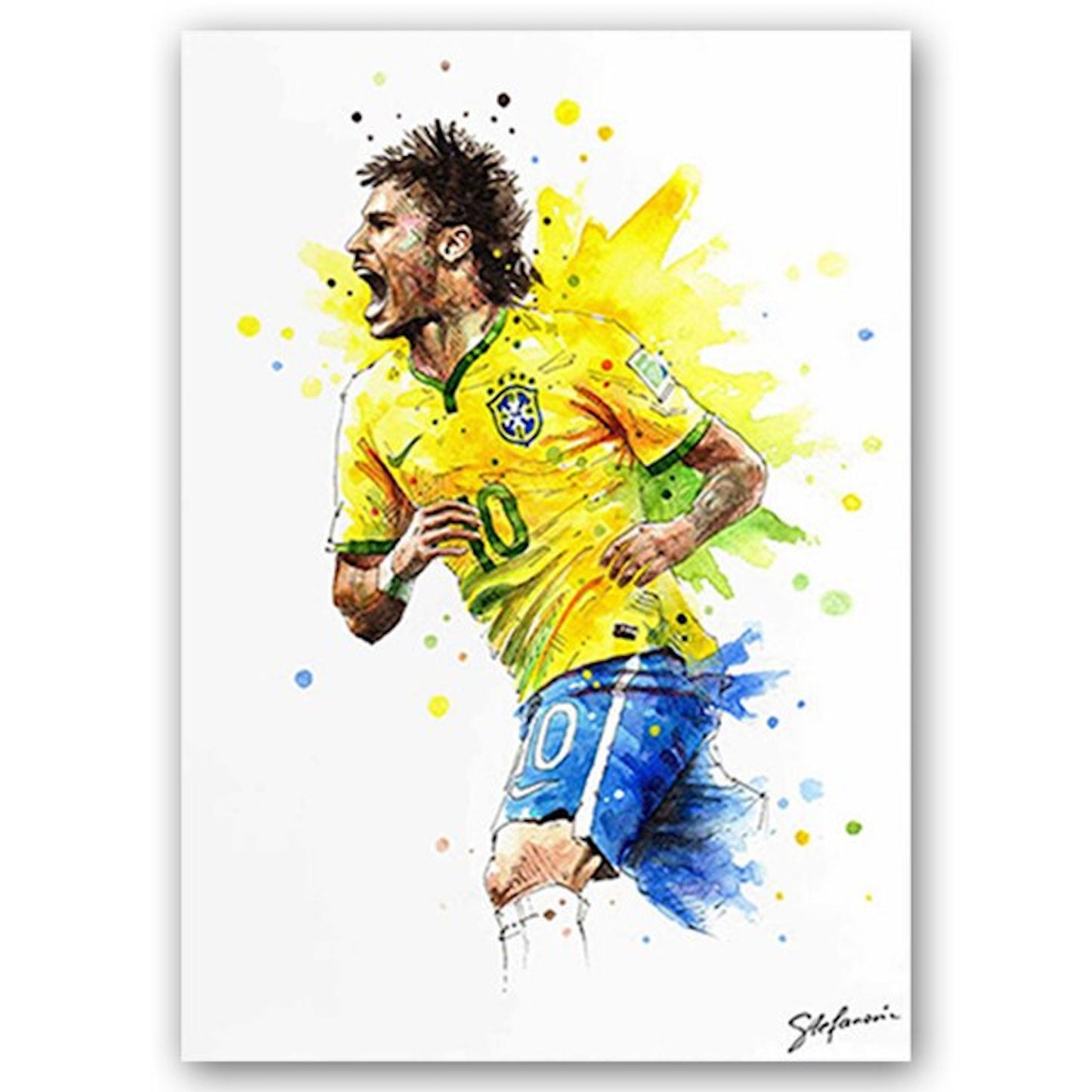 Buntes Poster eines Fußballspielers in brasilianischer Nationalmannschaftsbekleidung, der jubelnd in die Kamera schaut. Perfekte Deko für Fußballfans von justgoodmood. Poster Fußballspieler Tor Jubel Lionel Messi und Christiano Ronaldo als Deko Print ohne Rahmen.