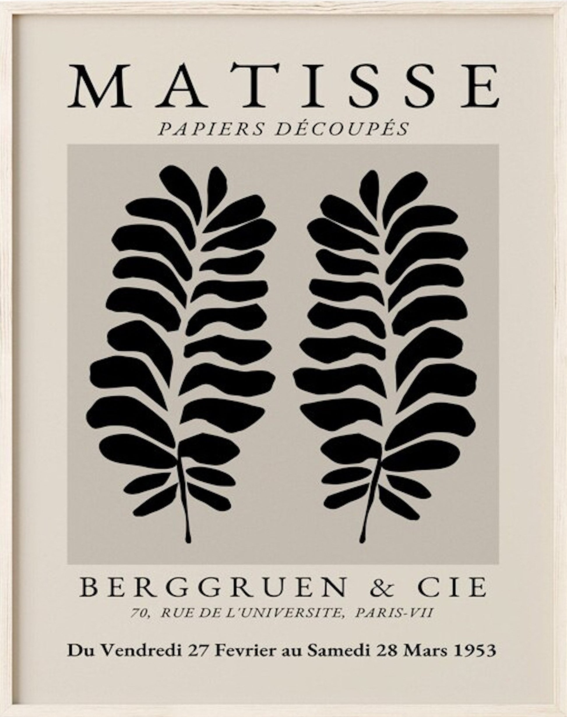 Wunderschönes Matisse Abstrakt Poster von justgoodmood, das zwei elegante Blätter in Schwarz präsentiert, eine tolle Wohndekoration für Kunstliebhaber.