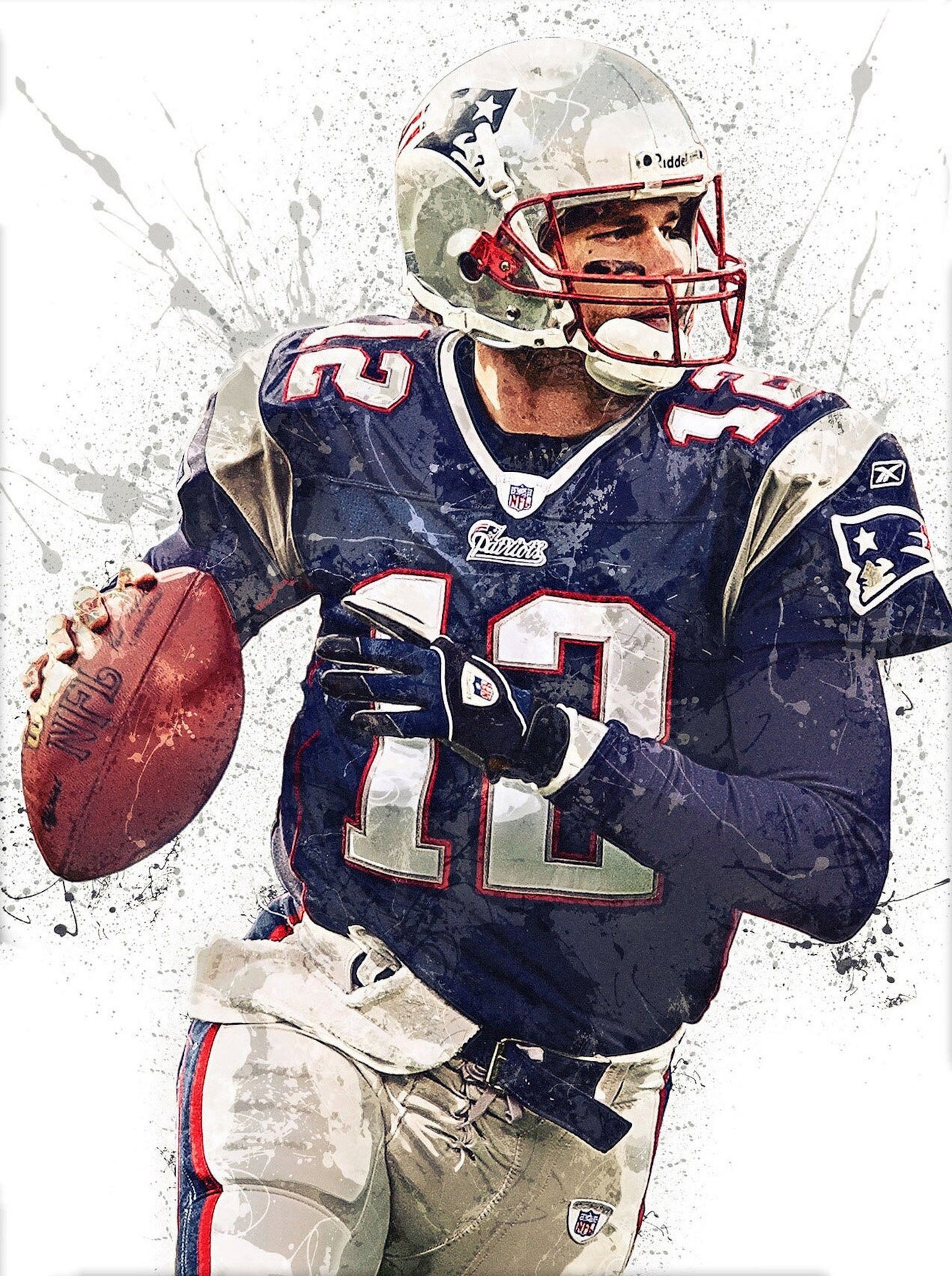 Kunstvolles Poster von Tom Brady im New England Patriots Trikot, das seine sportliche Energie hervorhebt. Ein Muss für jeden Fan! - justgoodmood, Poster Football Spieler Tom Brady Superstar mit Champion Ringen als Deko Print ohne Rahmen