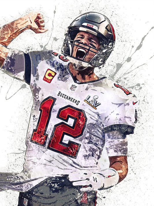 Dynamisches Poster von Tom Brady in Aktion, ideal für Fans des American Football und als Wanddekoration von justgoodmood.