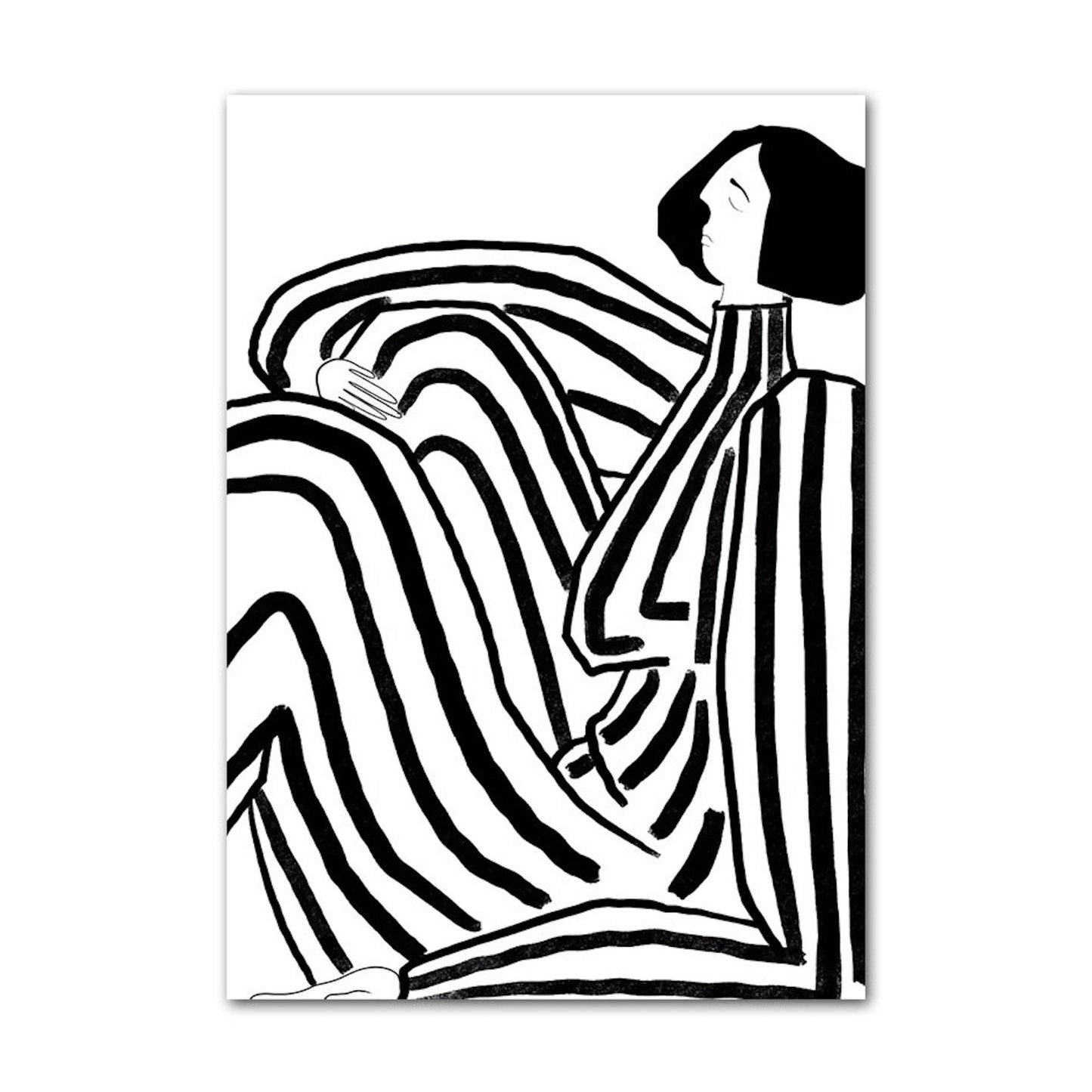 Kreatives Poster eines sitzenden Figuren mit gestreiftem Outfit in Schwarz-Weiß von justgoodmood, wundervoll als Deko Print ohne Rahmen.
