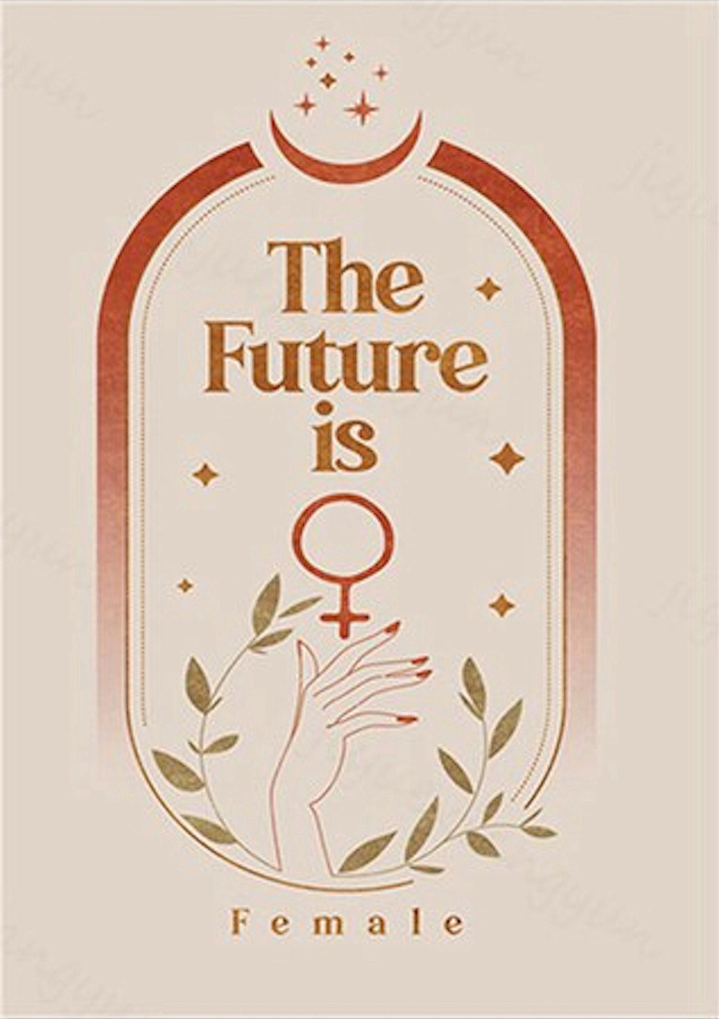 Inspirierendes Poster von justgoodmood: „Sonne, Mond und Sterne“ – ein schönes Design mit dem Text „Die Zukunft ist weiblich“, perfekt für empowerment und Wanddeko!