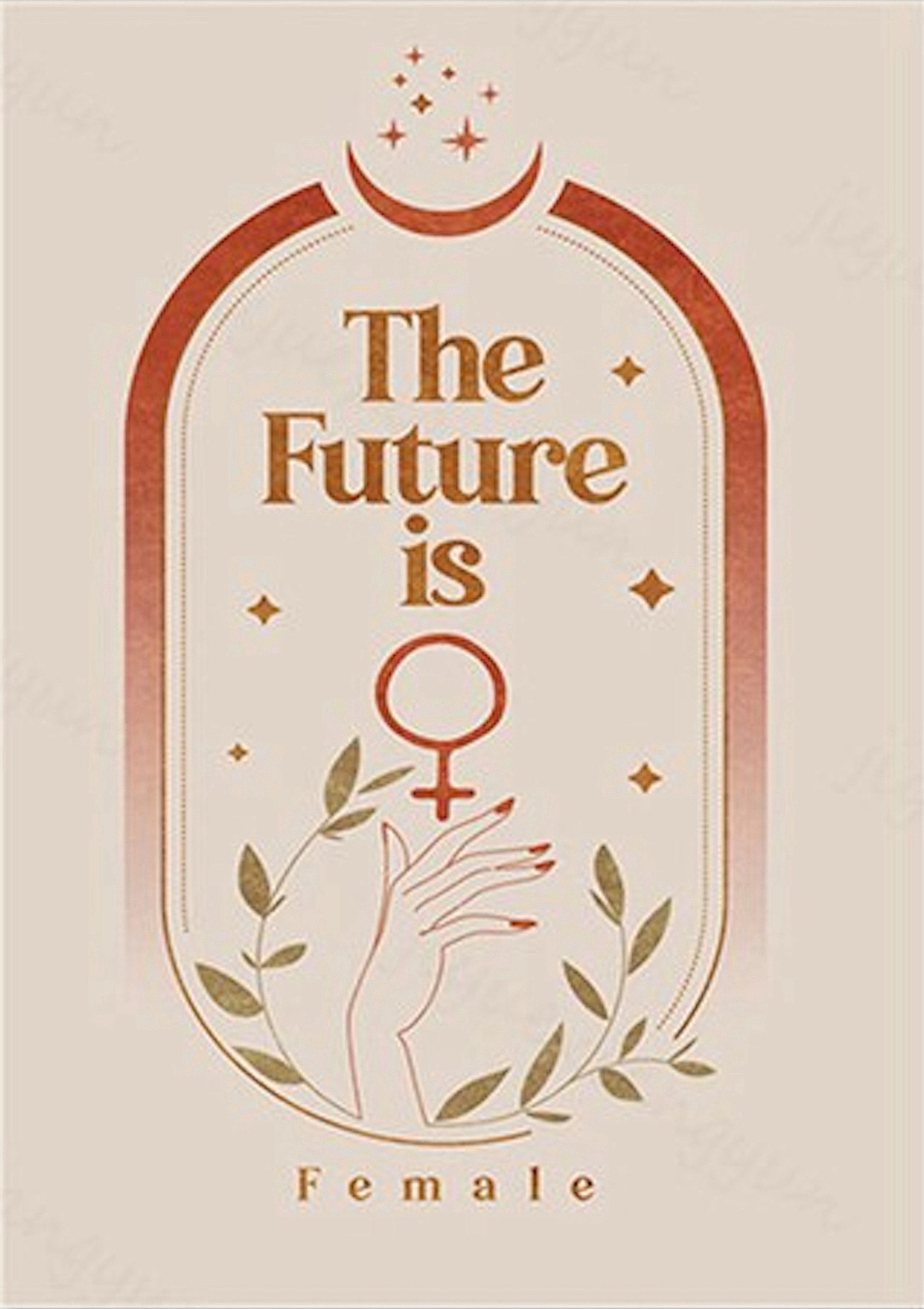 Inspirierendes Poster von justgoodmood: „Sonne, Mond und Sterne“ – ein schönes Design mit dem Text „Die Zukunft ist weiblich“, perfekt für empowerment und Wanddeko!