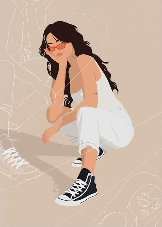 Bezauberndes Boho-Porträt einer Frau mit Sonnenbrille und lockigen Haaren, die auf dem Boden sitzt. Perfekt für Ihre Wanddekoration von justgoodmood.