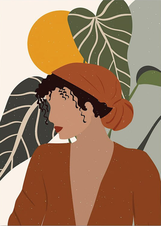 Detailiertes Bild einer Frau mit orangefarbener Kopfbedeckung und Monstera Pflanze im Hintergrund. Boho Poster von justgoodmood.