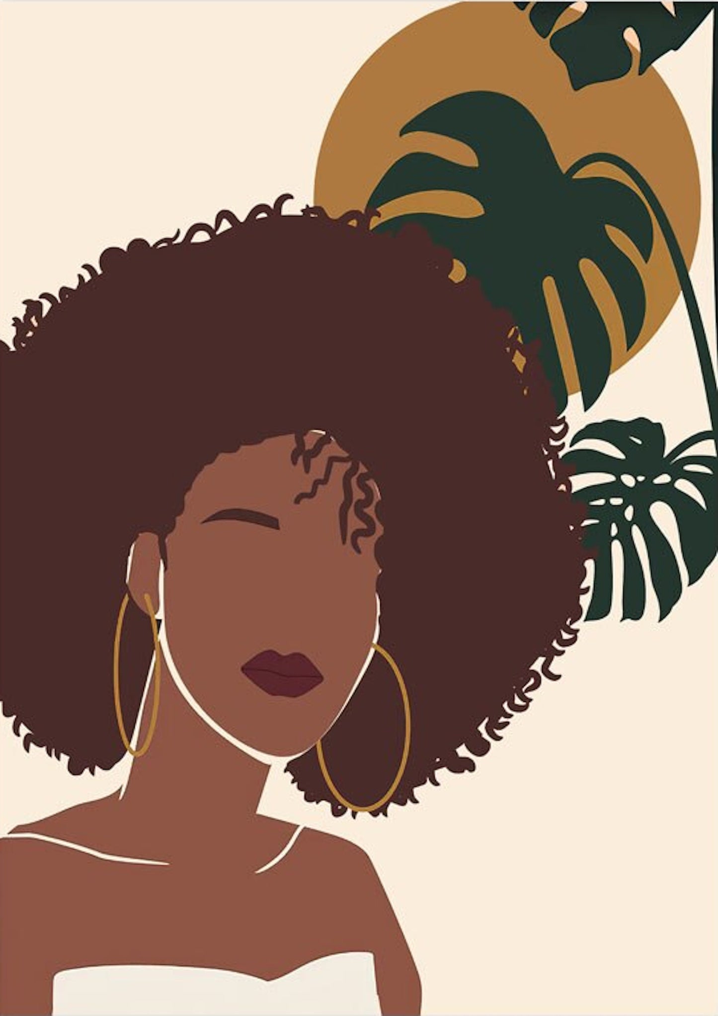 Schönes Bild einer Frau mit lockigem Haar und großen Ohrringen, umgeben von einer Monstera Pflanze. Boho Deko Print von justgoodmood.