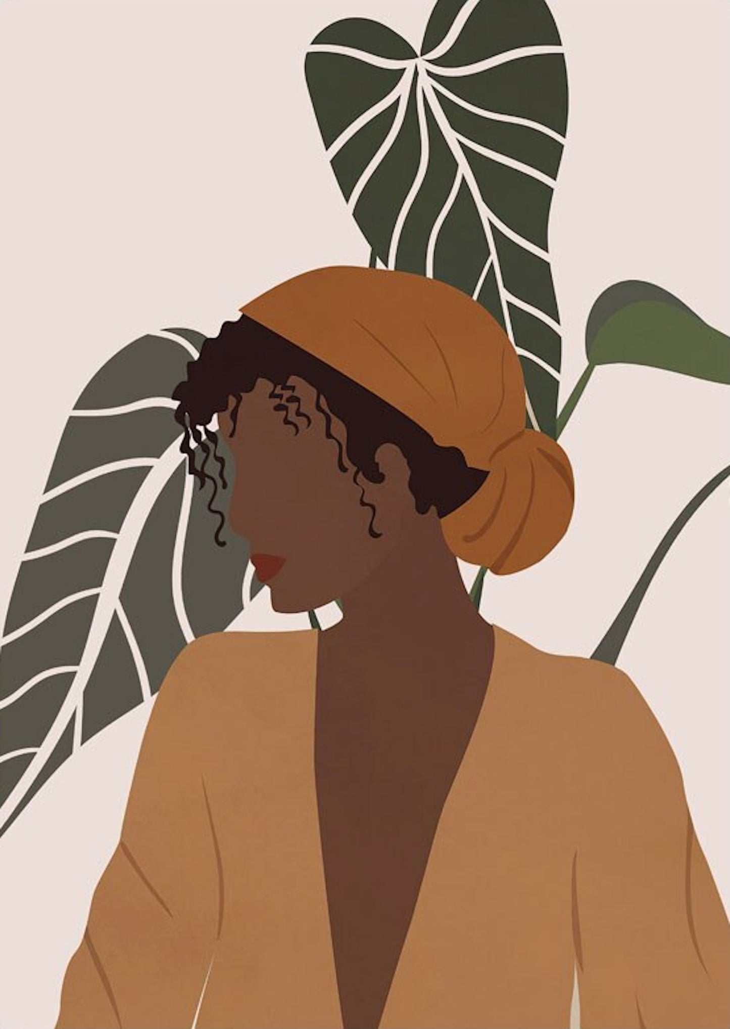 Stilvolles Boho-Poster von justgoodmood mit einer stilisierten Frau und Monstera Pflanze im Hintergrund, ideal für Wohnkultur.