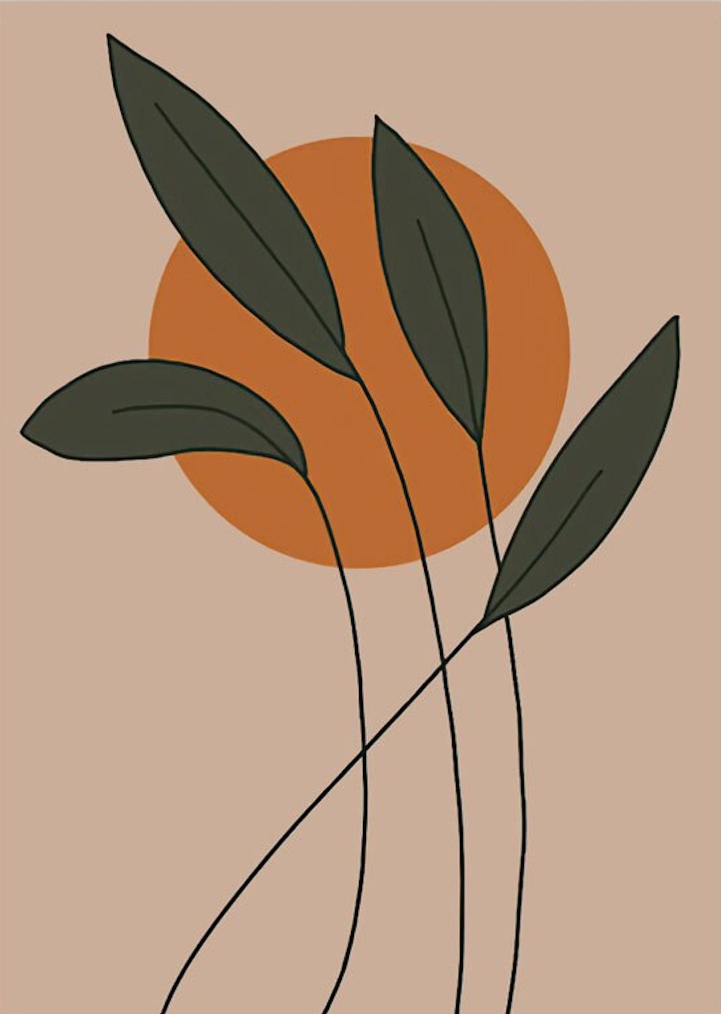 Moderner Boho-Poster von justgoodmood mit Pflanzenmotiven und einem orangefarbenen Hintergrund, perfekt zur Verschönerung Ihrer Räume.