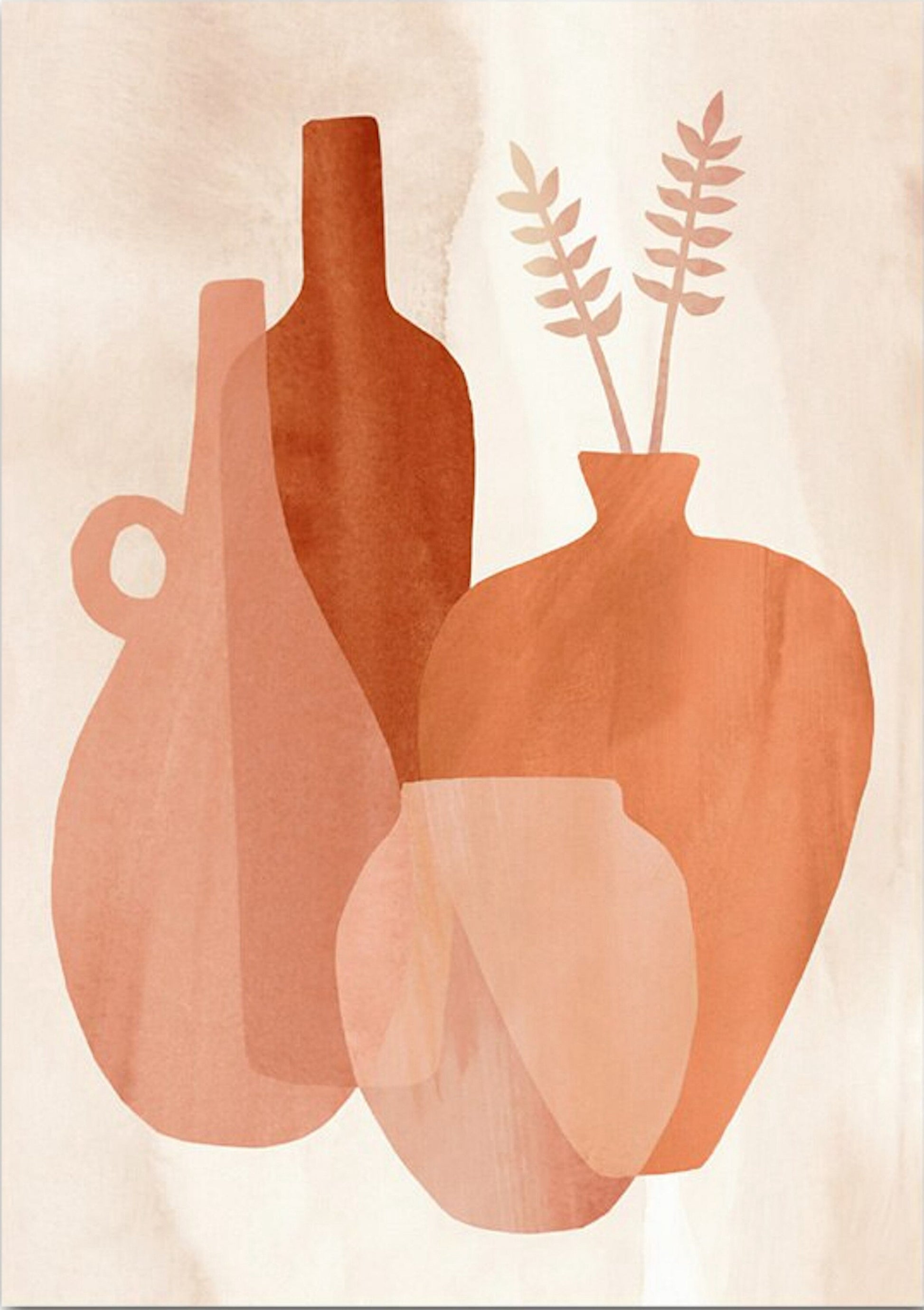 Abstraktes Kunstwerk mit Vasen in Rottönen. Deko Print ohne Rahmen, perfekt für eine stilvolle Einrichtung von justgoodmood.
