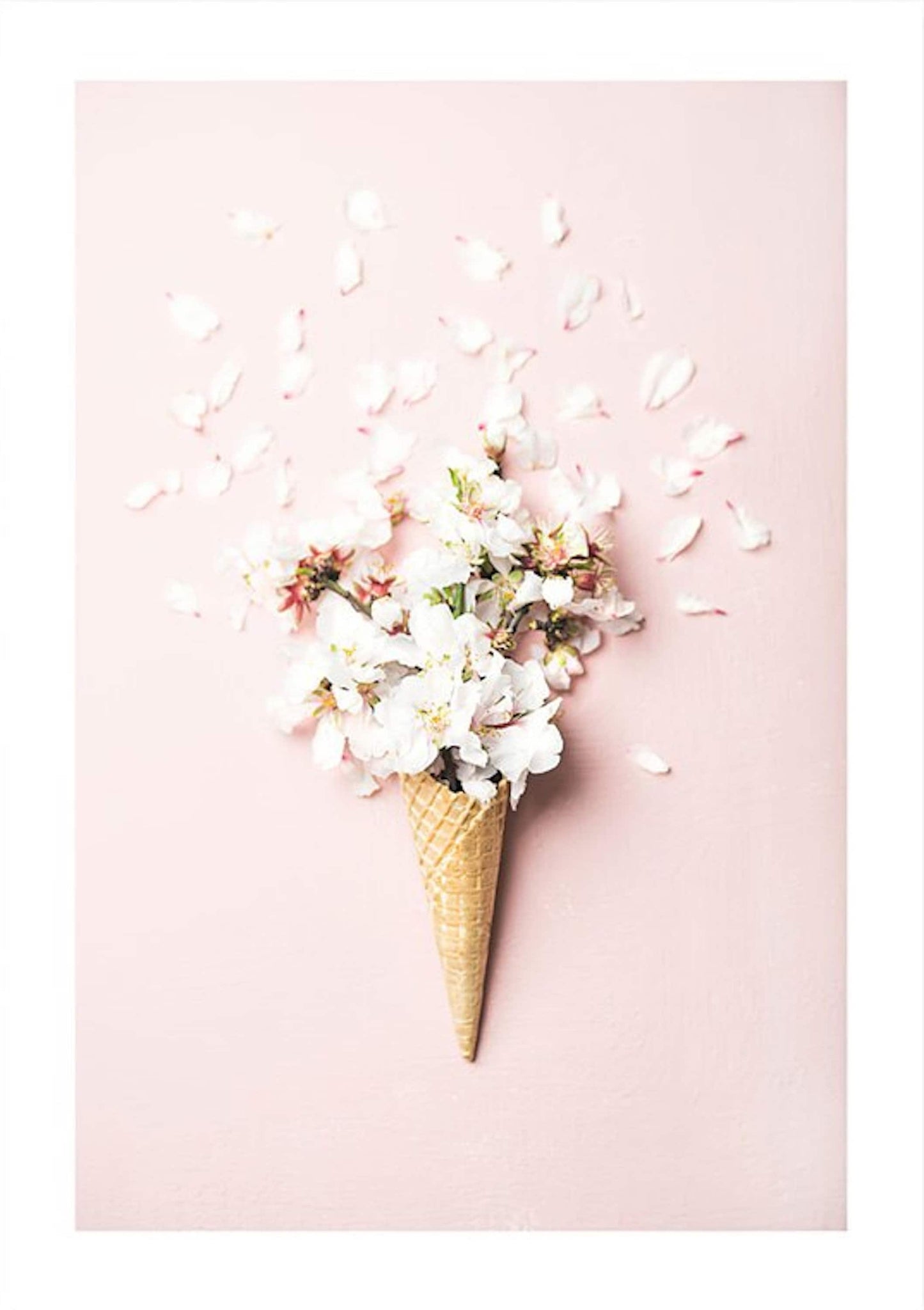 Blühende Kirschblüten in einer Waffelcone-Dekoration, ein inspirierendes Poster von JustGoodMood für eine frische Note in jedem Raum.
