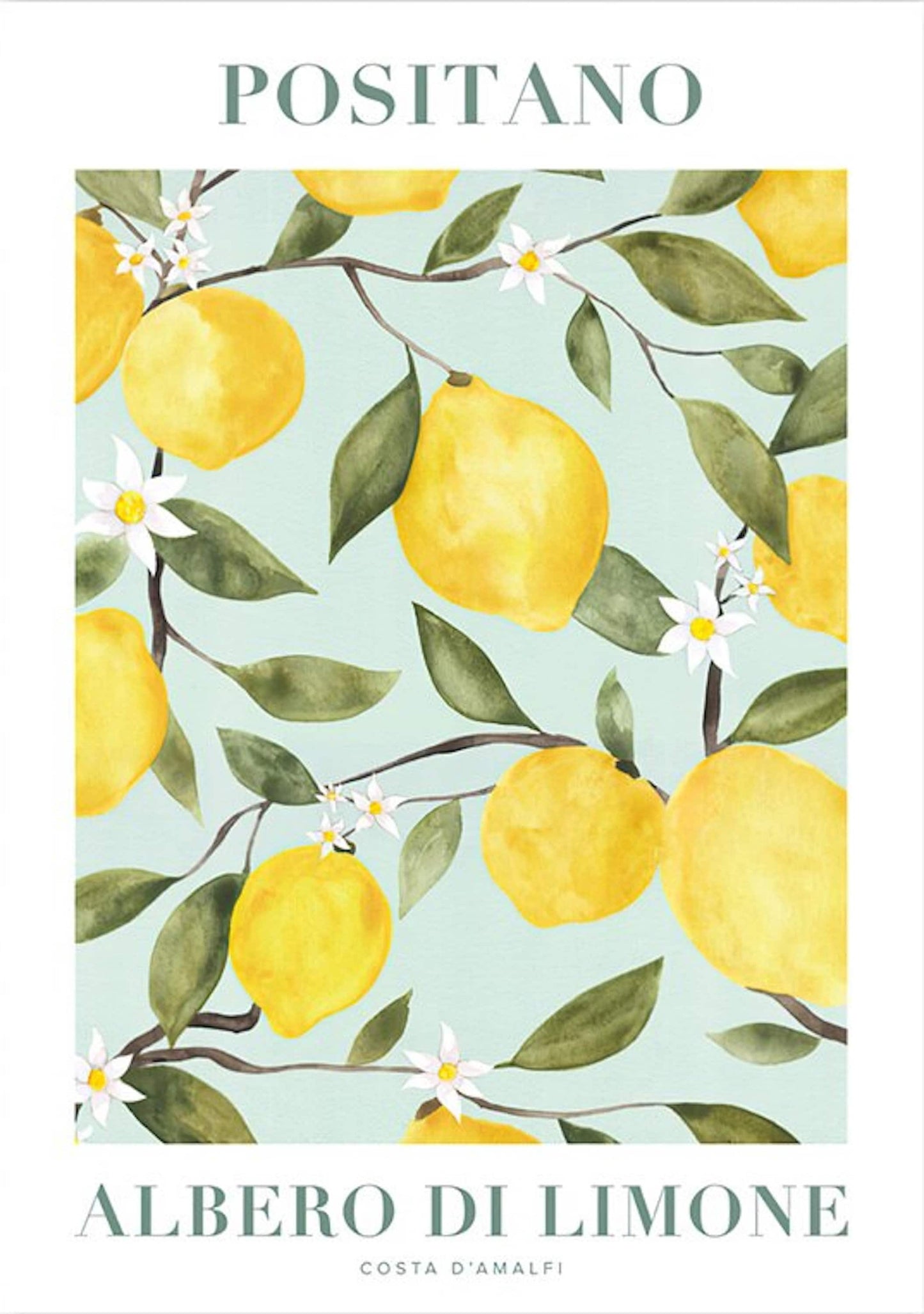 Fabelhaftes Poster von justgoodmood mit Zitrusfrüchten und floralen Elementen, ideal für die Wandgestaltung in fröhlichen Räumen.