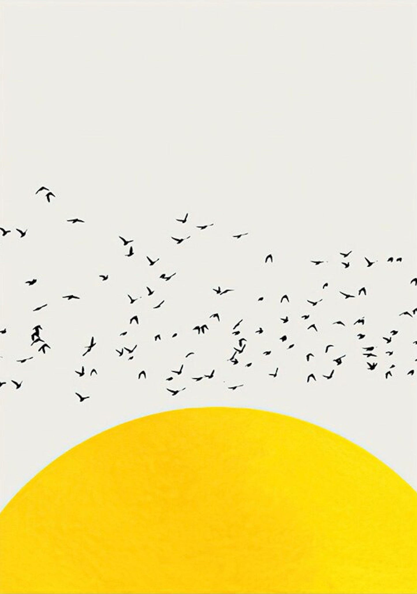 Elegantes Poster von justgoodmood mit einem stilisierten Sonnenaufgang und Vögeln, ideal für eine beruhigende Atmosphäre.