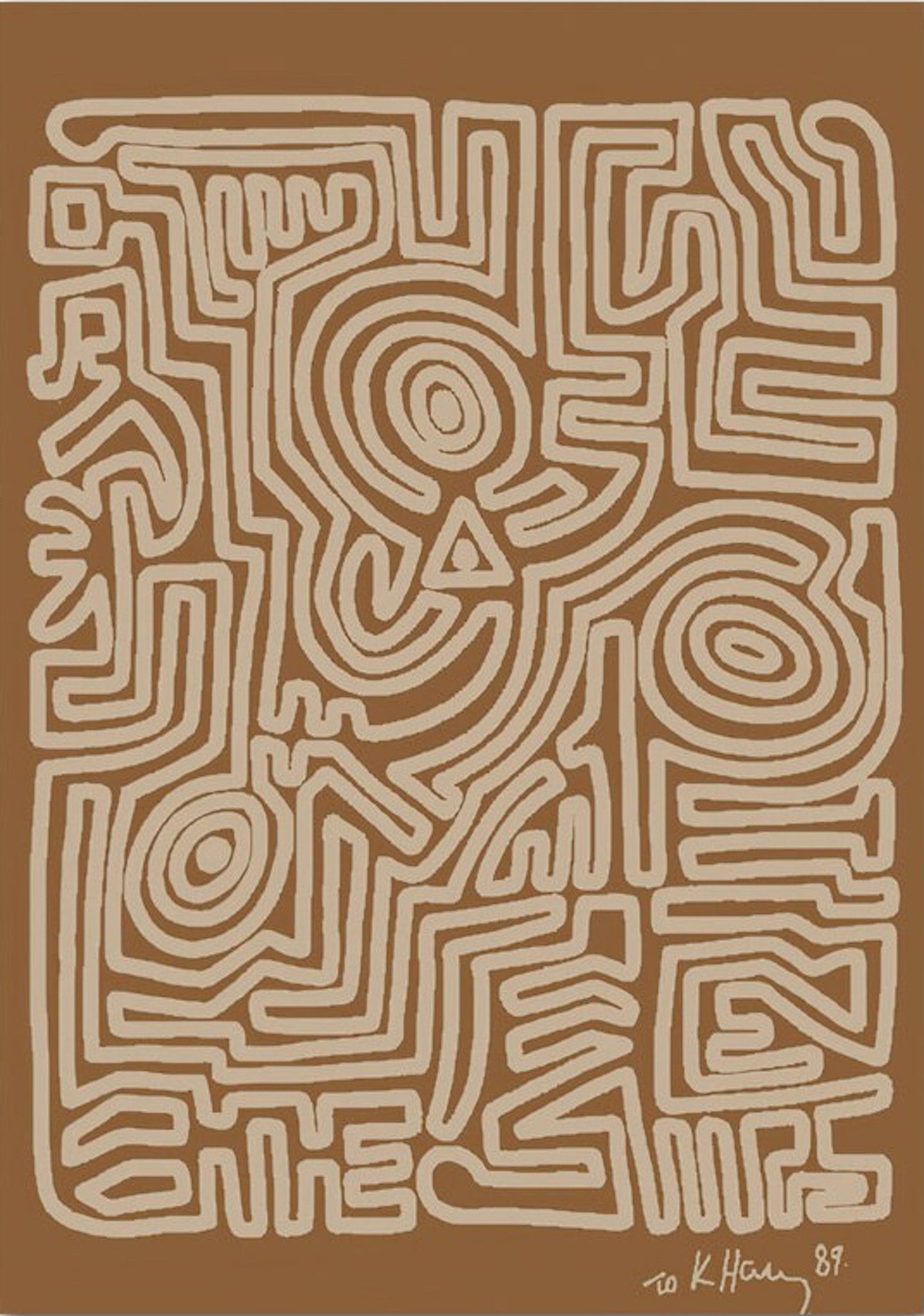 Ein modernes, abstraktes Kunstwerk mit geschwungenen Linien auf einem braunen Hintergrund. Perfekt für Ihre Wände und erhältlich bei justgoodmood.