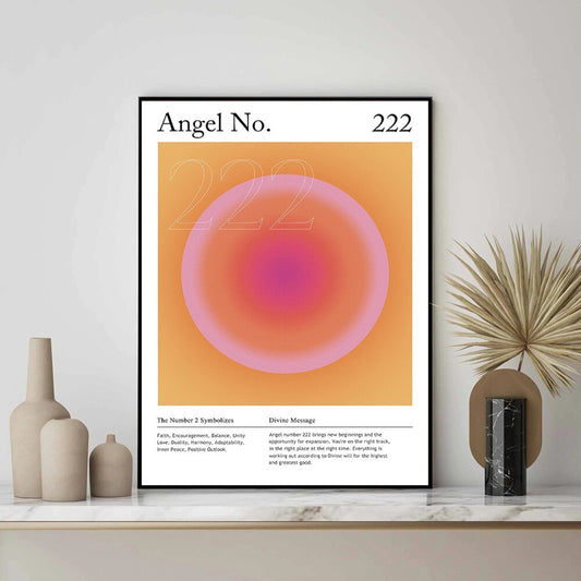 Schönes Poster "Engel Zahlen Bedeutung als Print ohne Rahmen" von justgoodmood, präsentiert die Engel Zahl 222 mit lebendigen Farbtönen, ideal für inspirierende Dekoration.